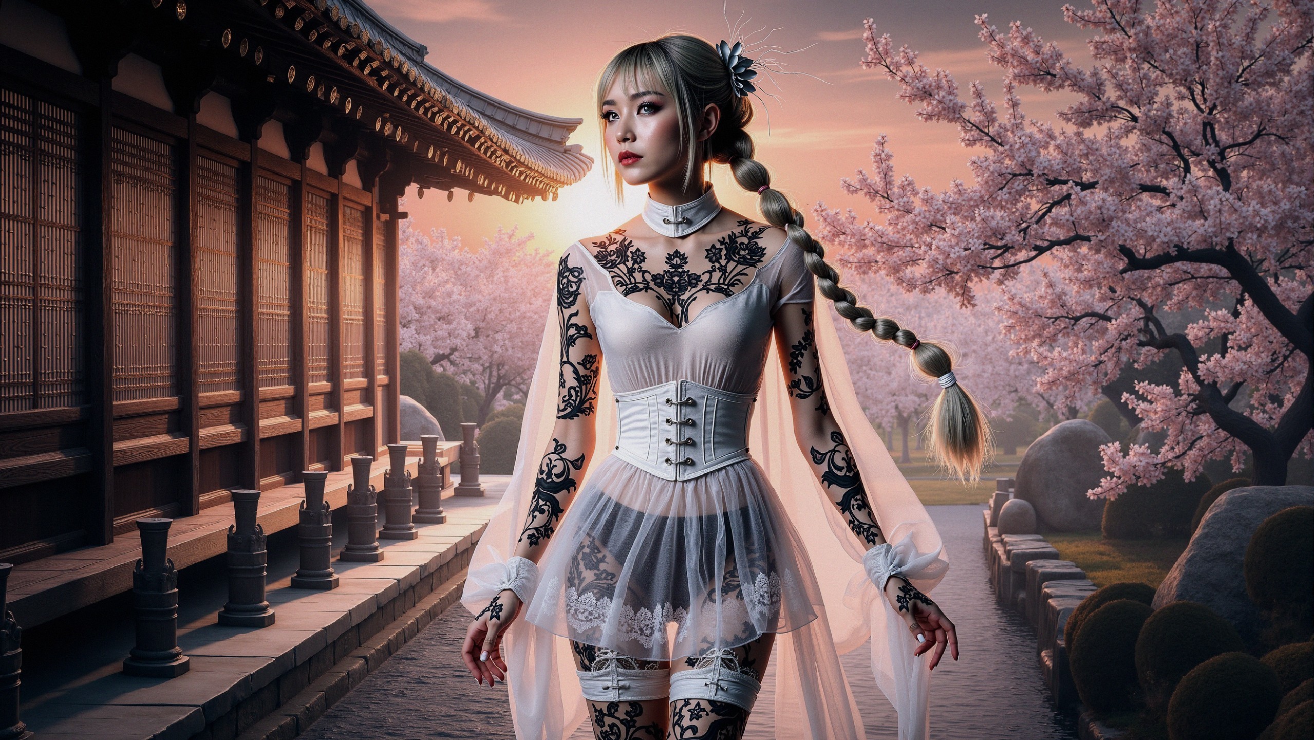 Young Woman in Traditional Japanese Setting with Cherry Blossoms
