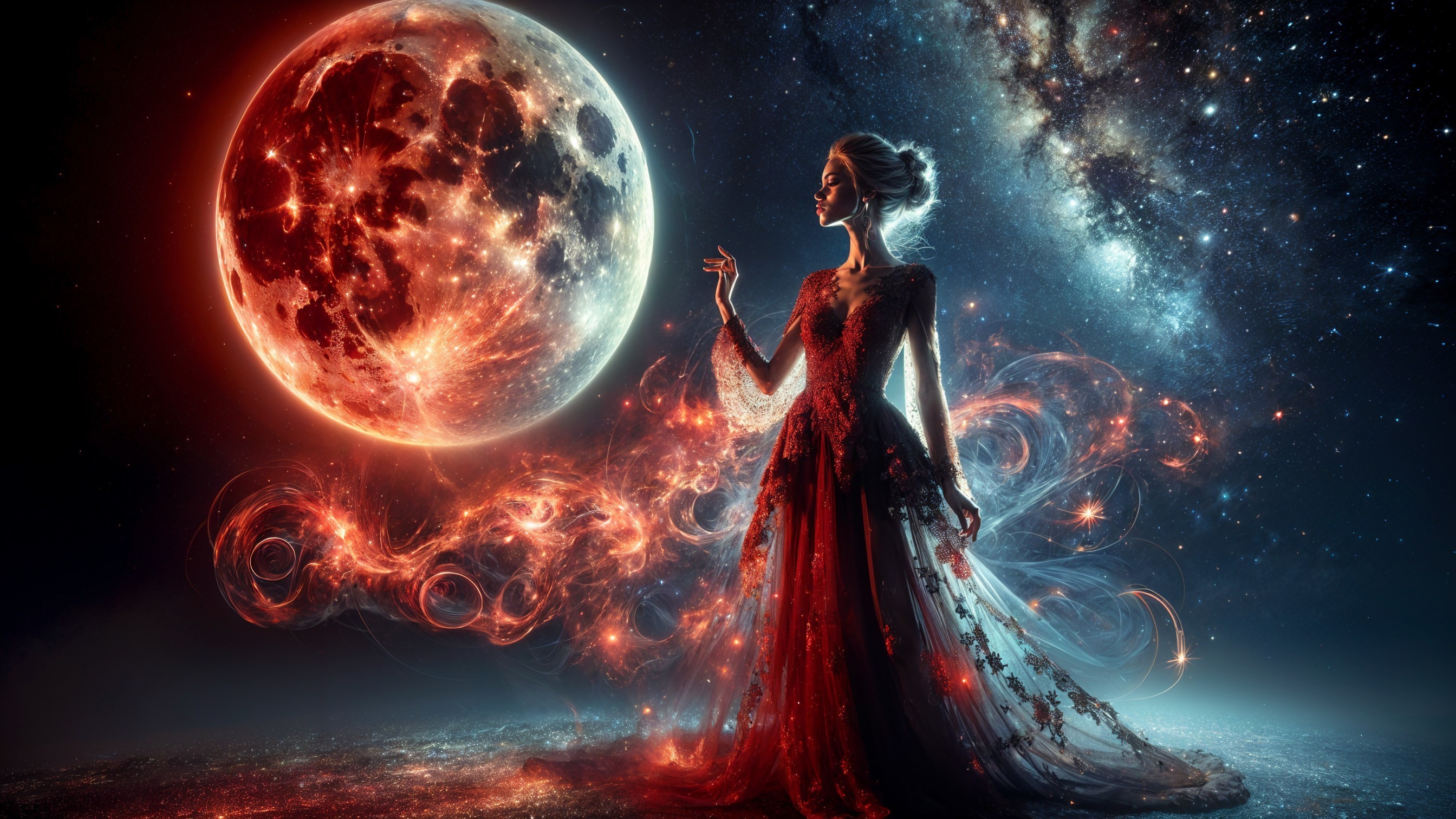 Mystical Figure Against Cosmic Backdrop with Moon