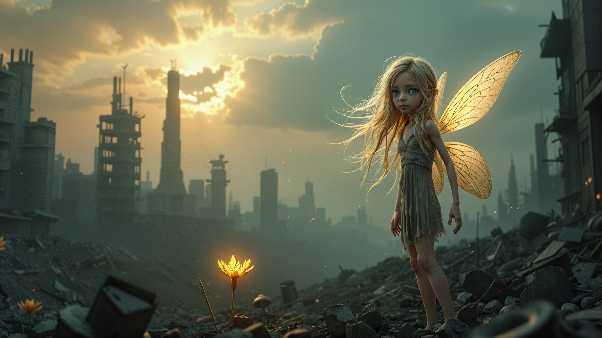 Ethereal Girl with Wings in Post-Apocalyptic Ruins