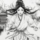Dynamic Woman in Flowing Robe with Abstract Background