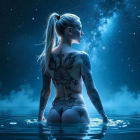 Figure in tranquil water under twilight glow with tattoos