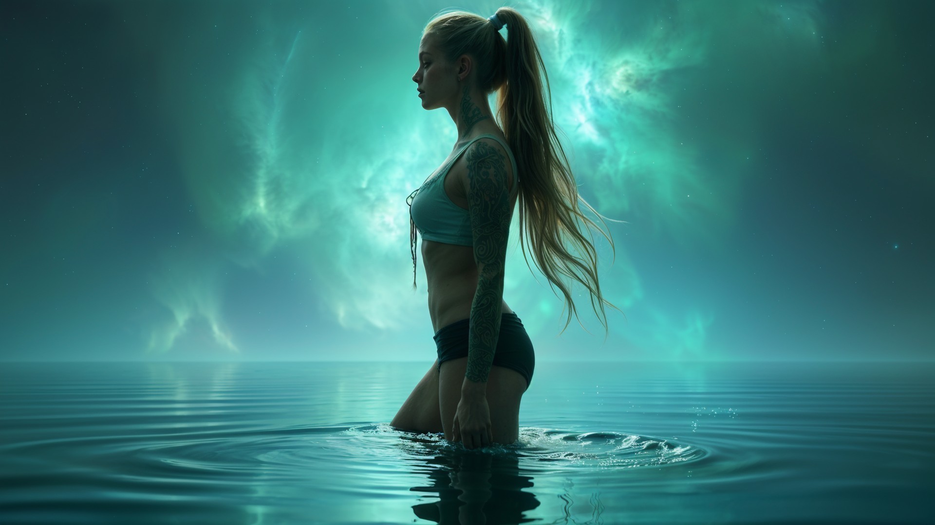 Silhouette of a Woman in Tranquil Cosmic Waters
