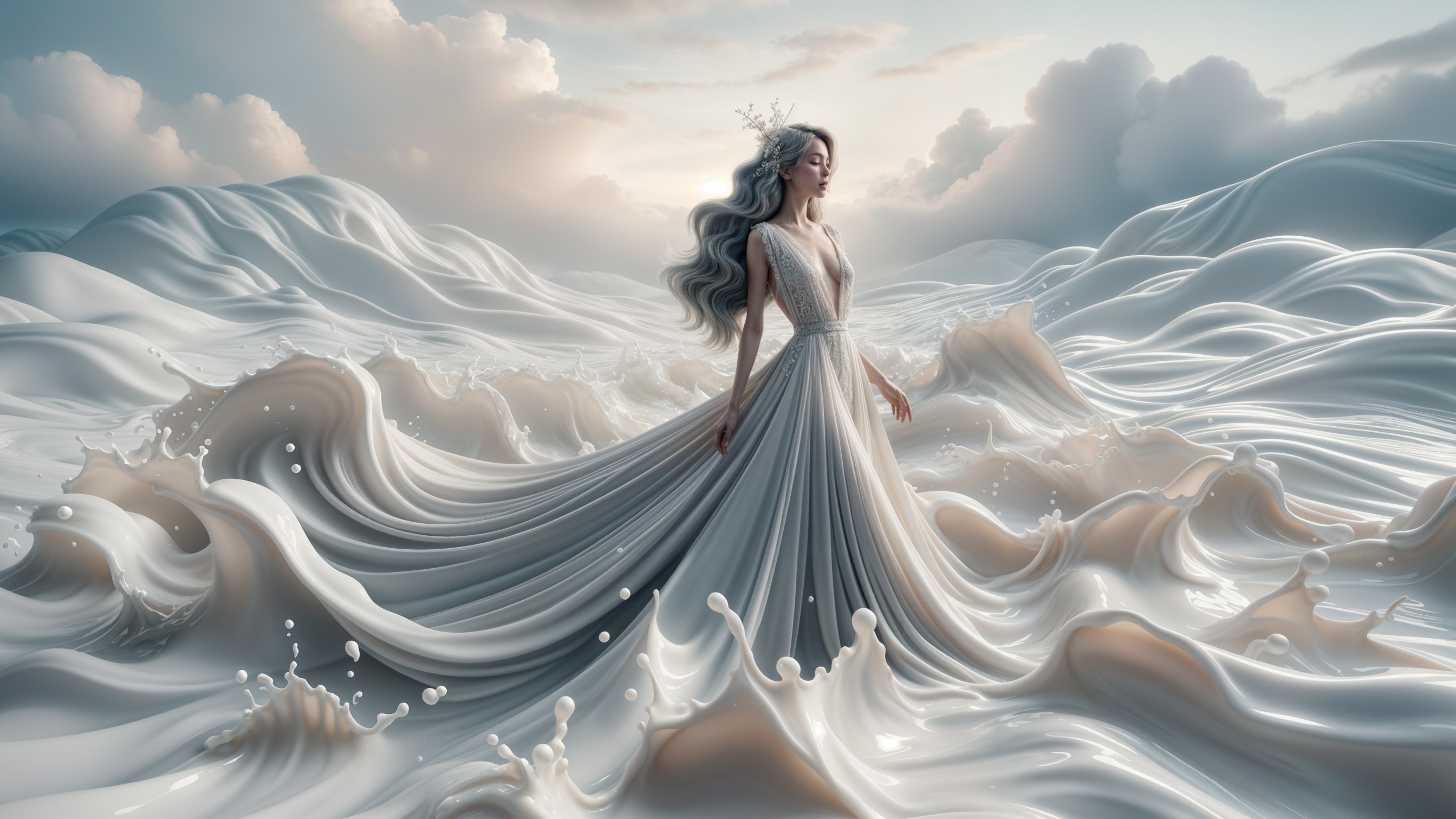 Ethereal Figure in Surreal Landscape with Flowing Waves