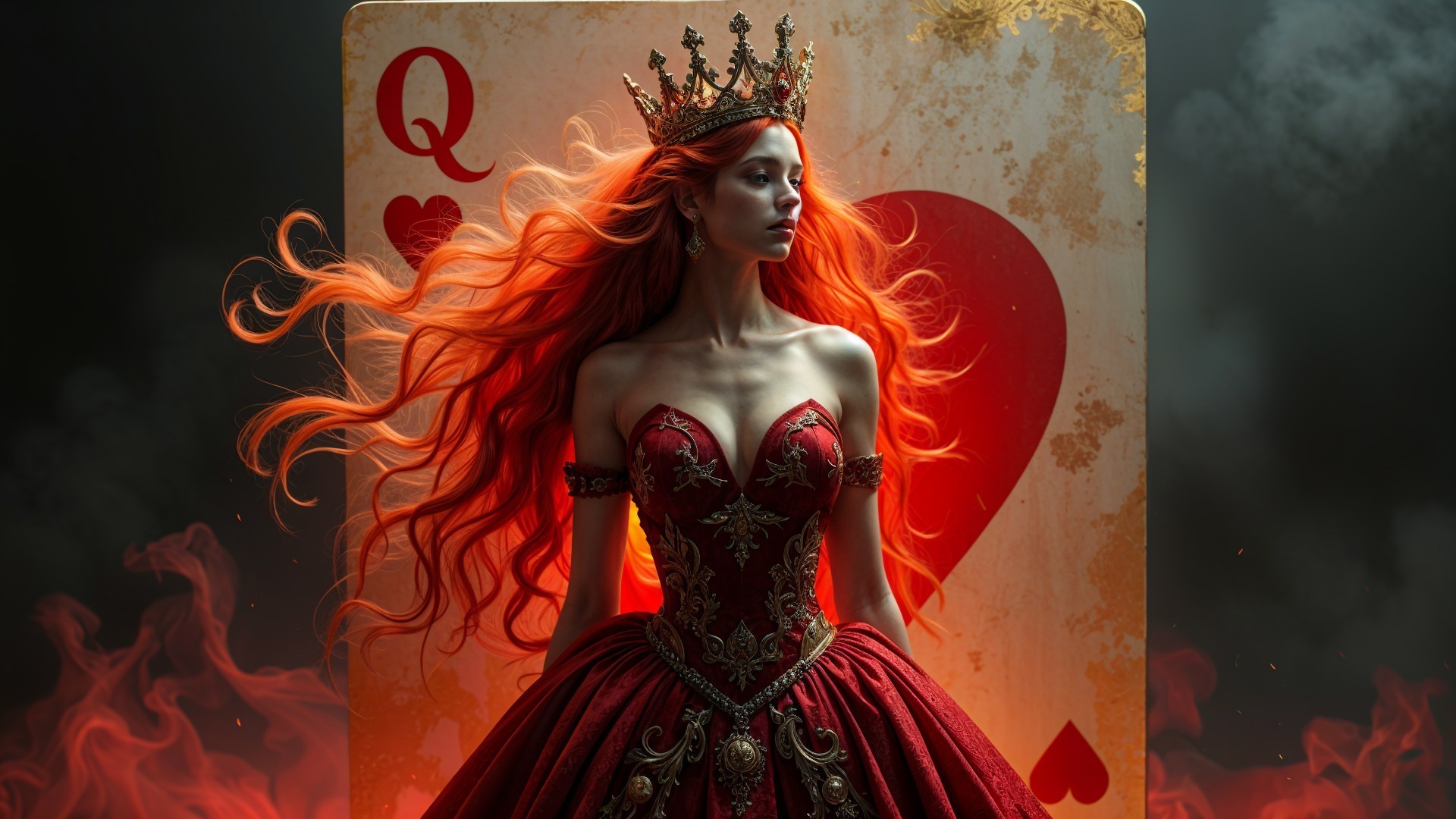 Queen in Lavish Red Gown with Heart Symbol Backdrop