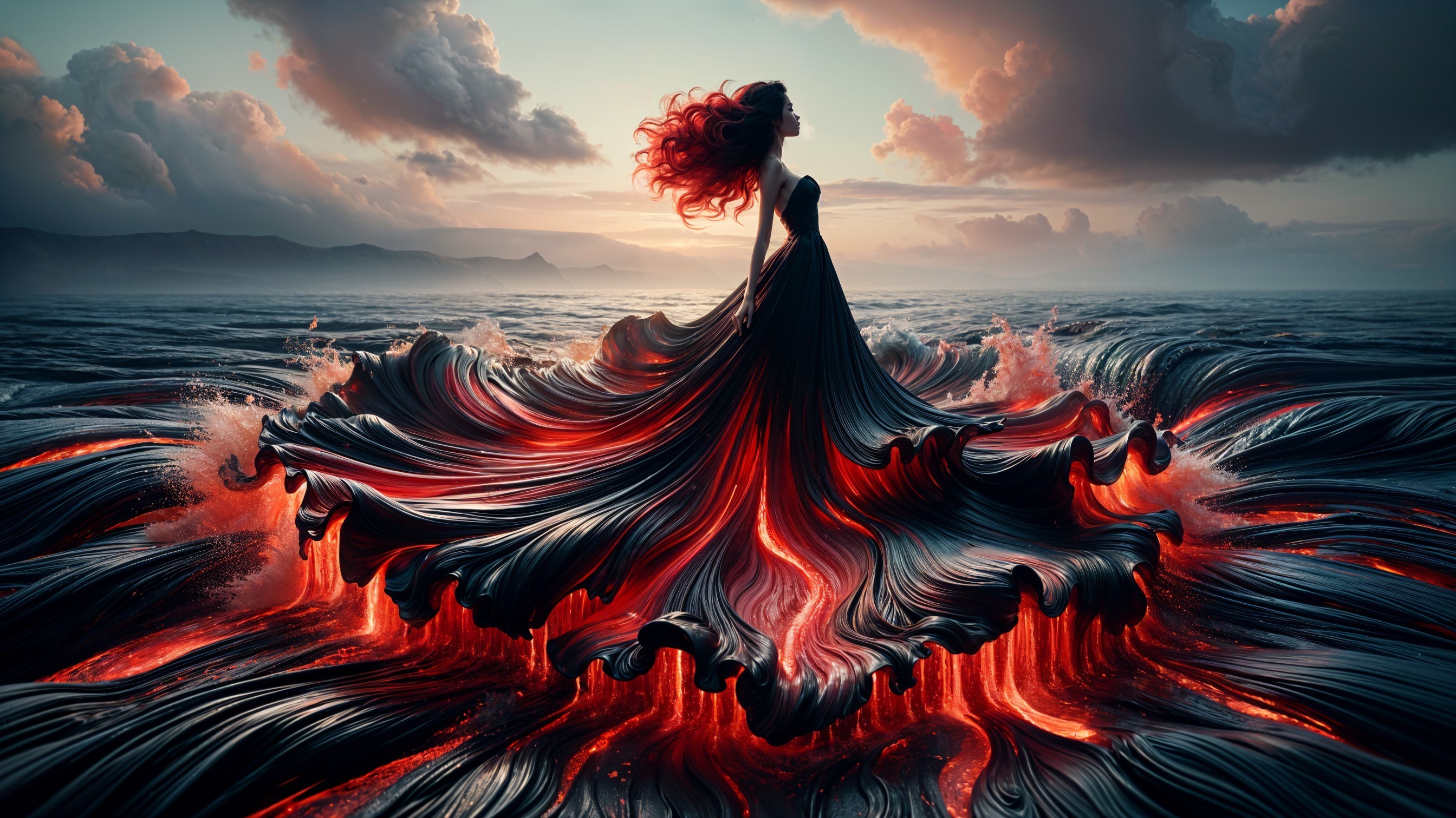 Surreal Landscape with Figure in Lava-Inspired Gown