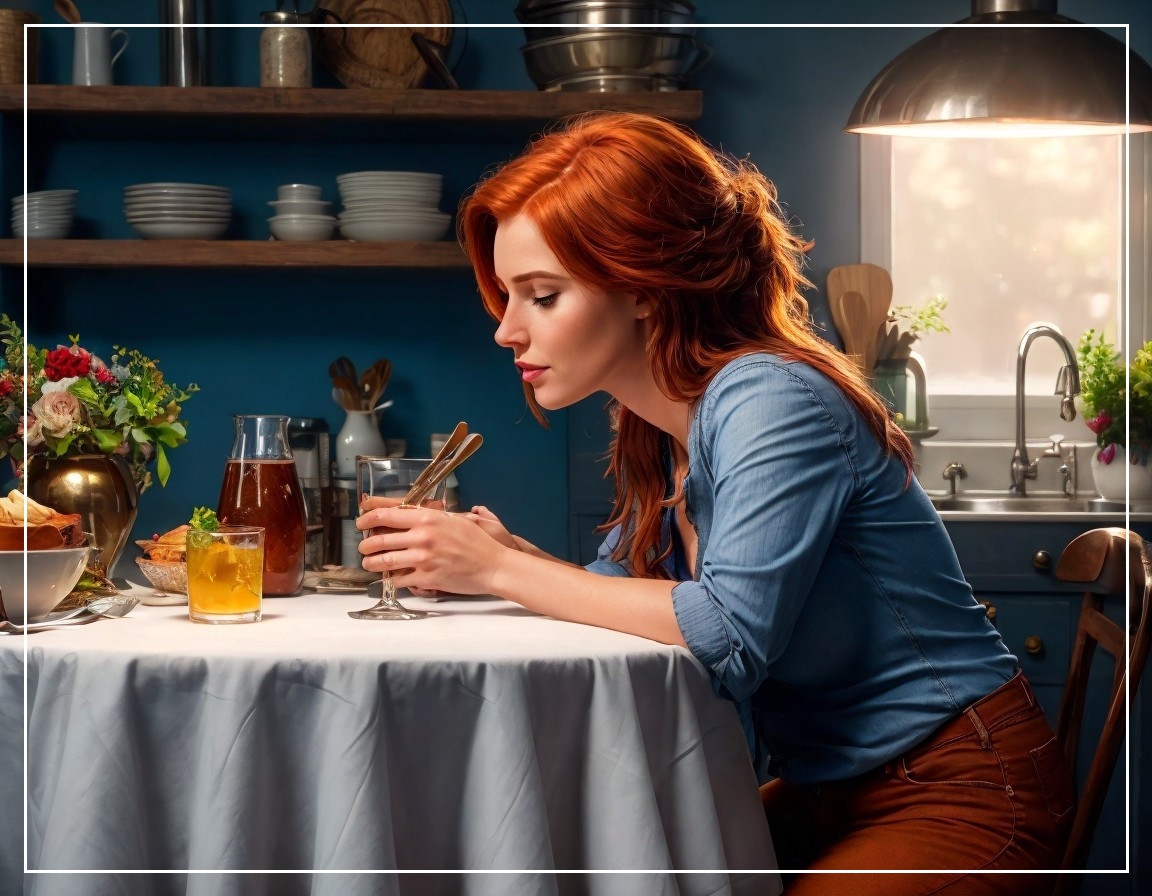 Woman with red hair in a cozy kitchen setting