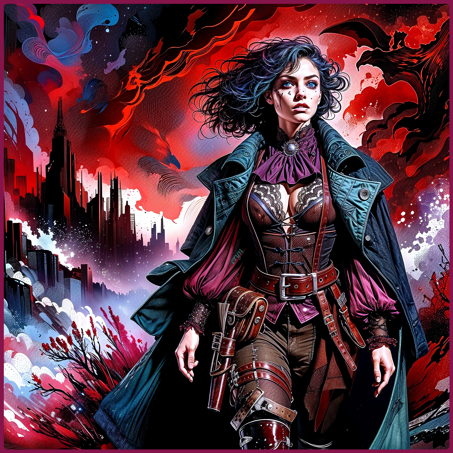 Victorian Steampunk Figure Against Dramatic Skyline