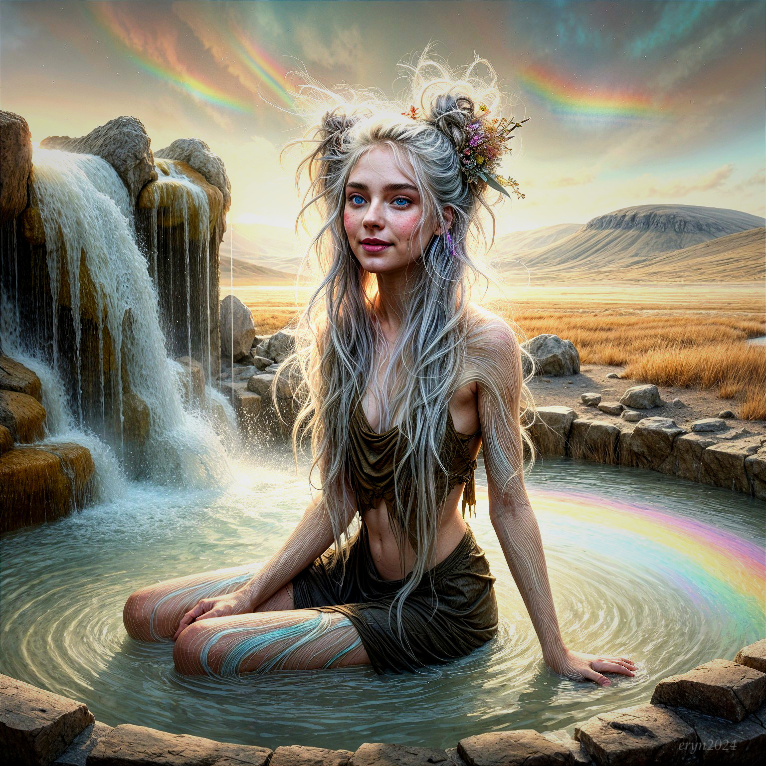 Serene figure in natural pool with cascading water