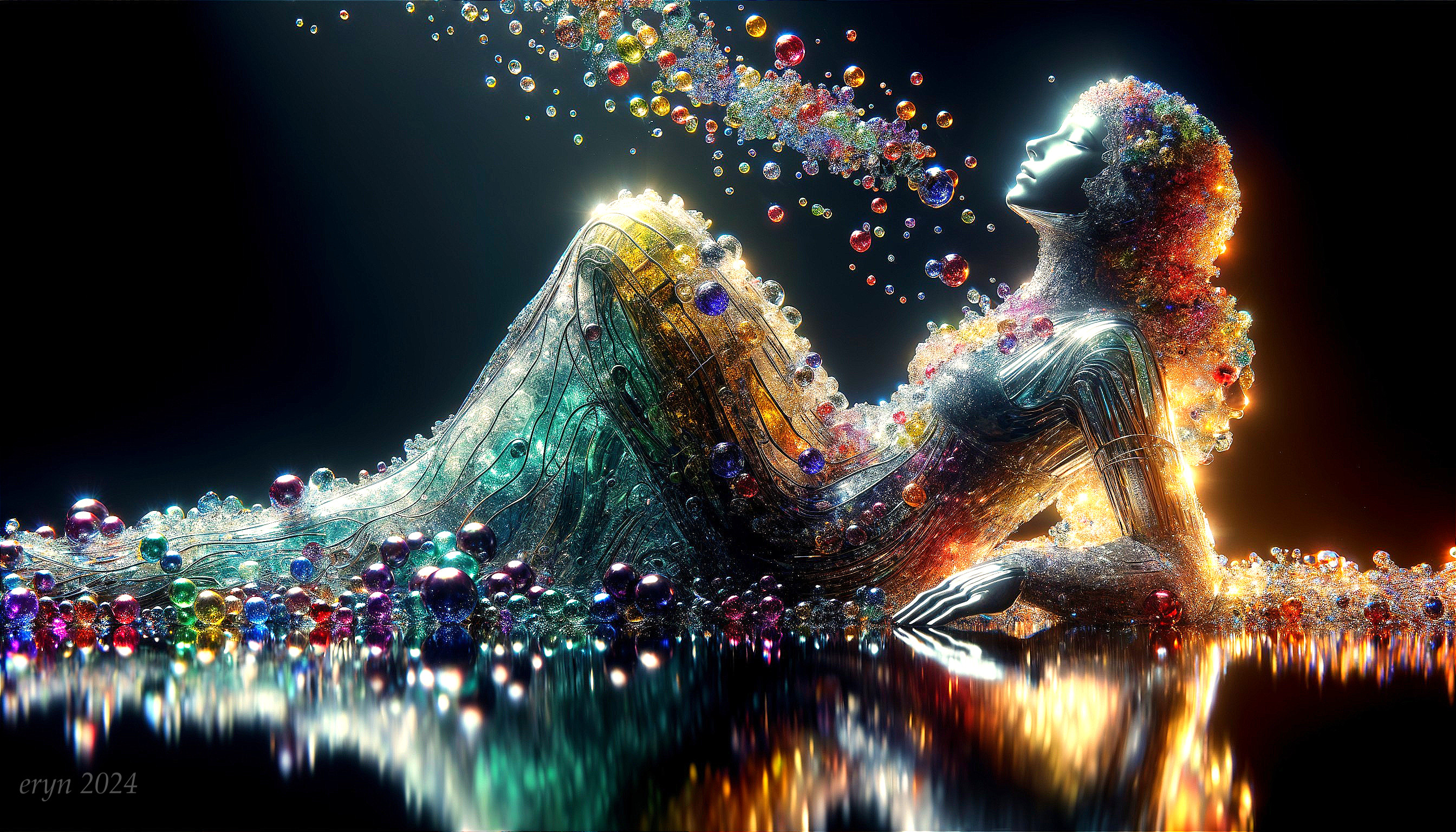 Ethereal Figure Surrounded by Colorful Orbs and Bubbles