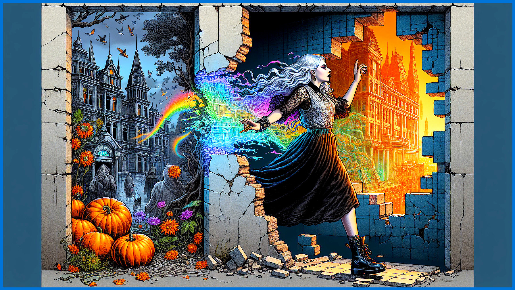 Split Scene of Dark Landscape and Modern City