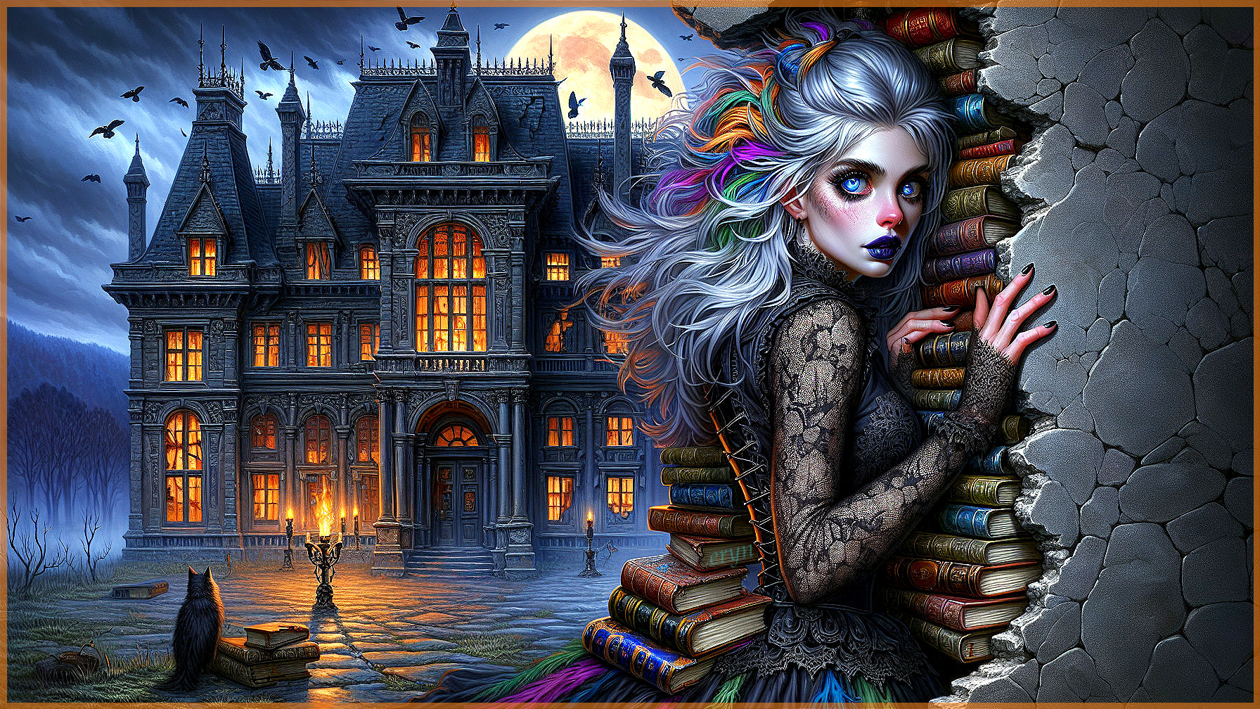 Mysterious Woman by Stone Wall with Mansion Background