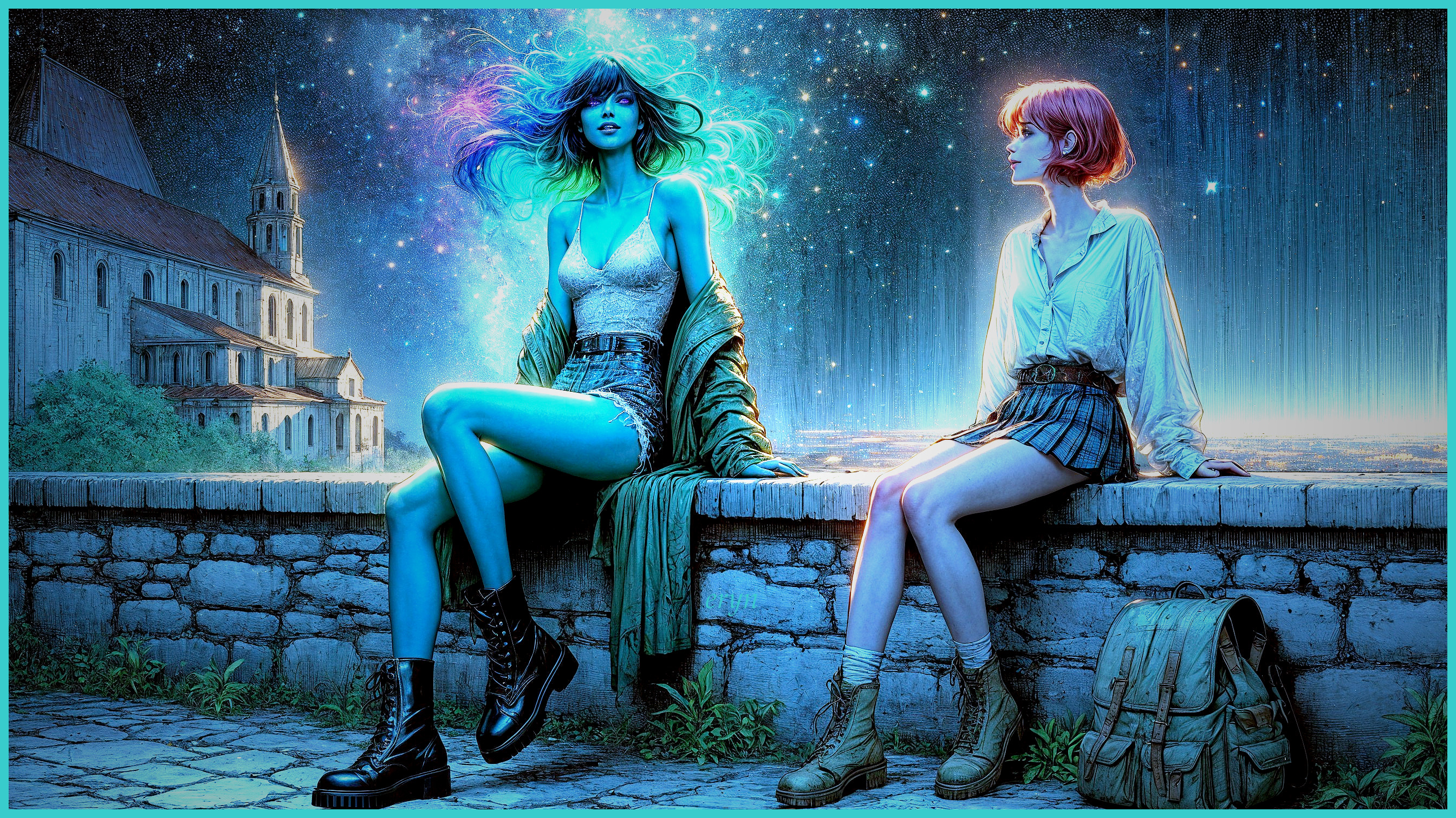 Young Women on Stone Wall Under Starry Sky