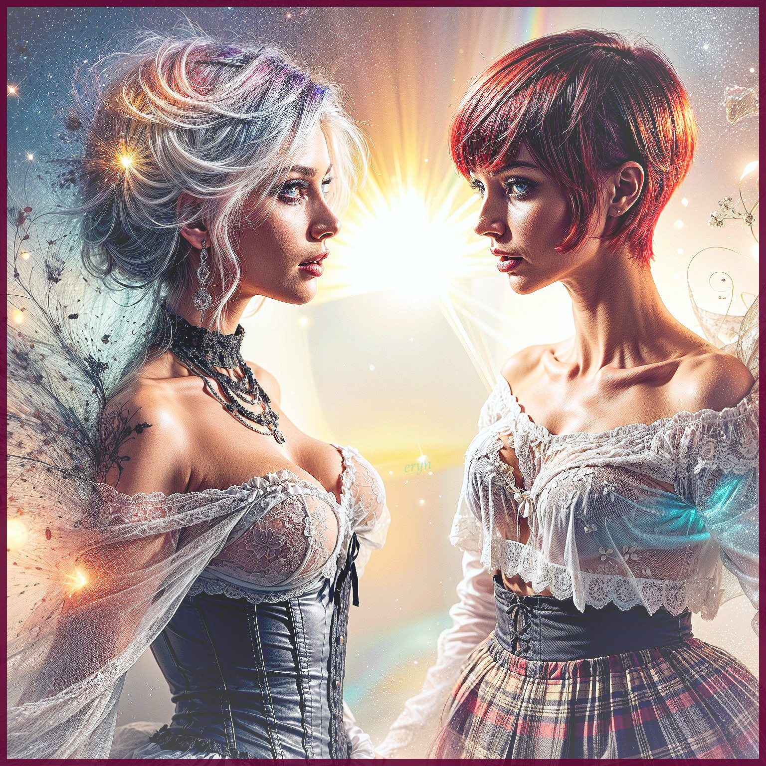 Contrasting Hairstyles and Outfits Against Cosmic Background