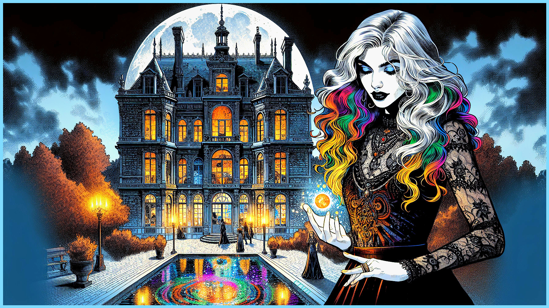 Mystical Woman by Gothic Mansion Under Full Moon