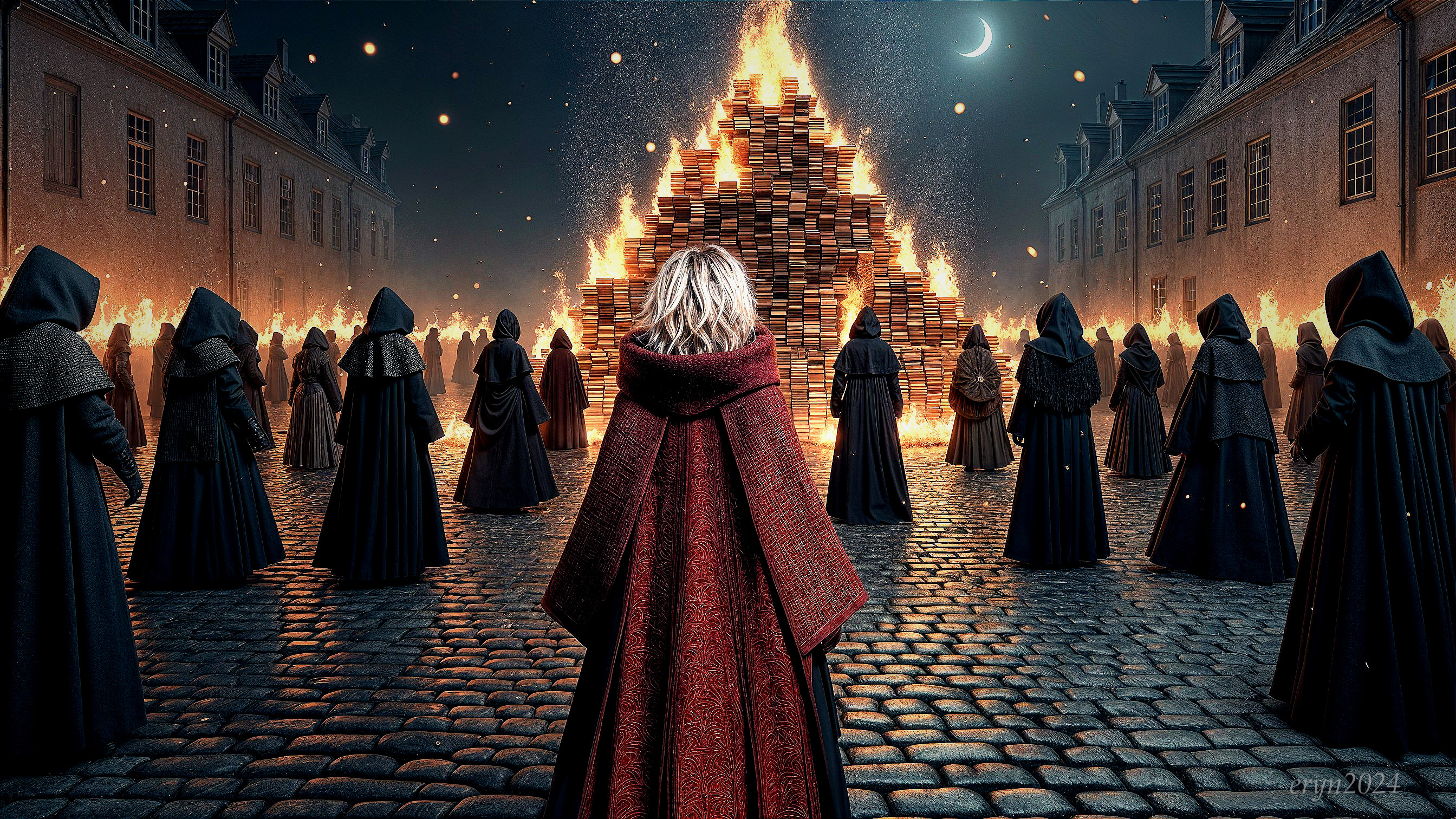 Cloaked Figures Around Burning Books in Dark Scene