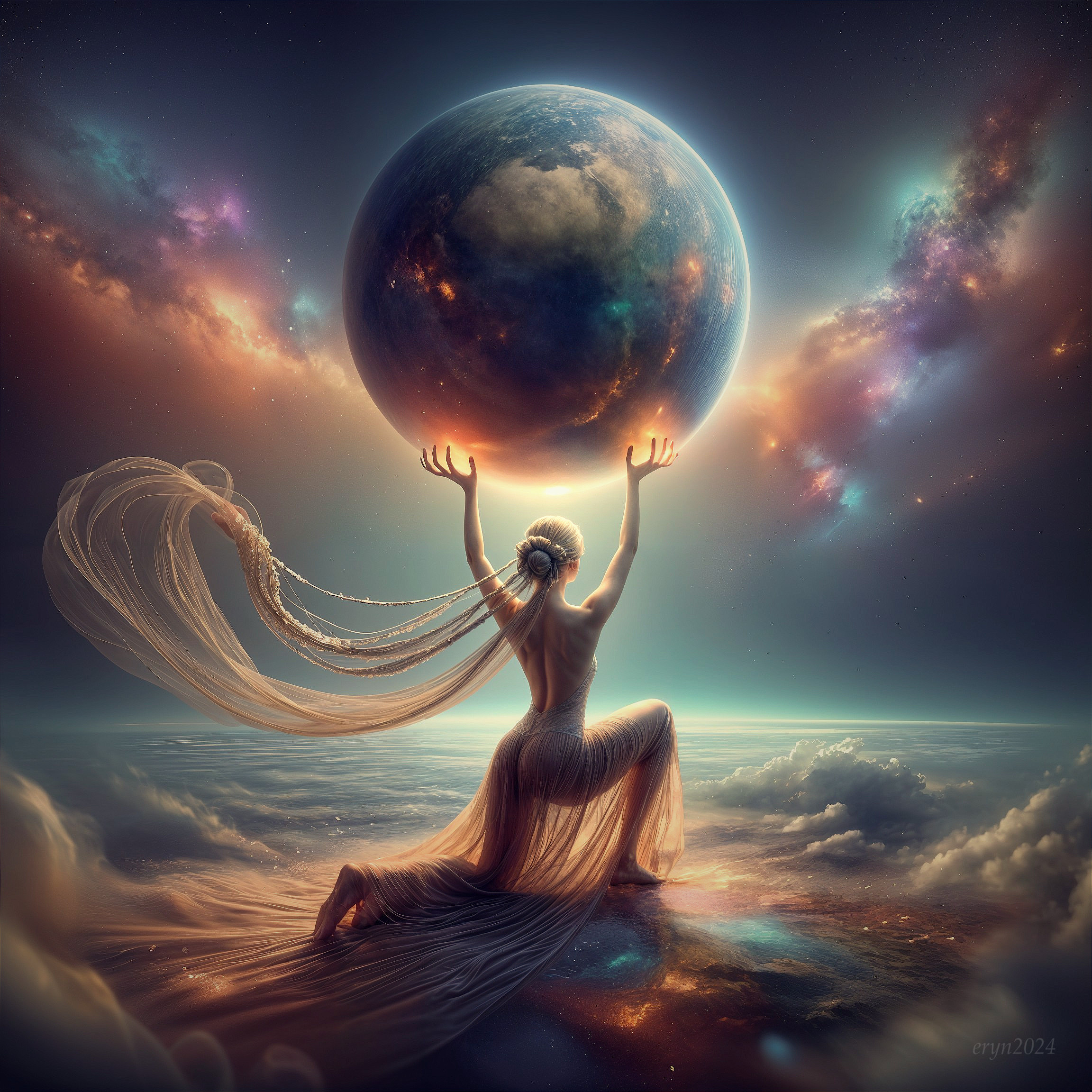 Celestial Figure in Surreal Cosmic Landscape