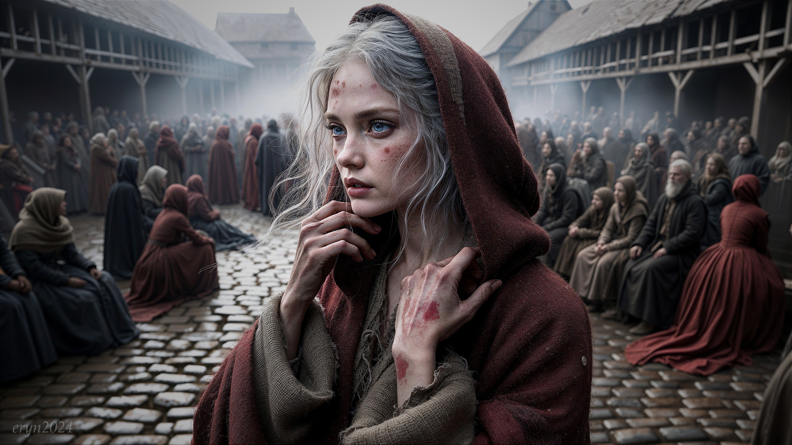 Young Woman in Red Cloak Amidst Medieval Crowd