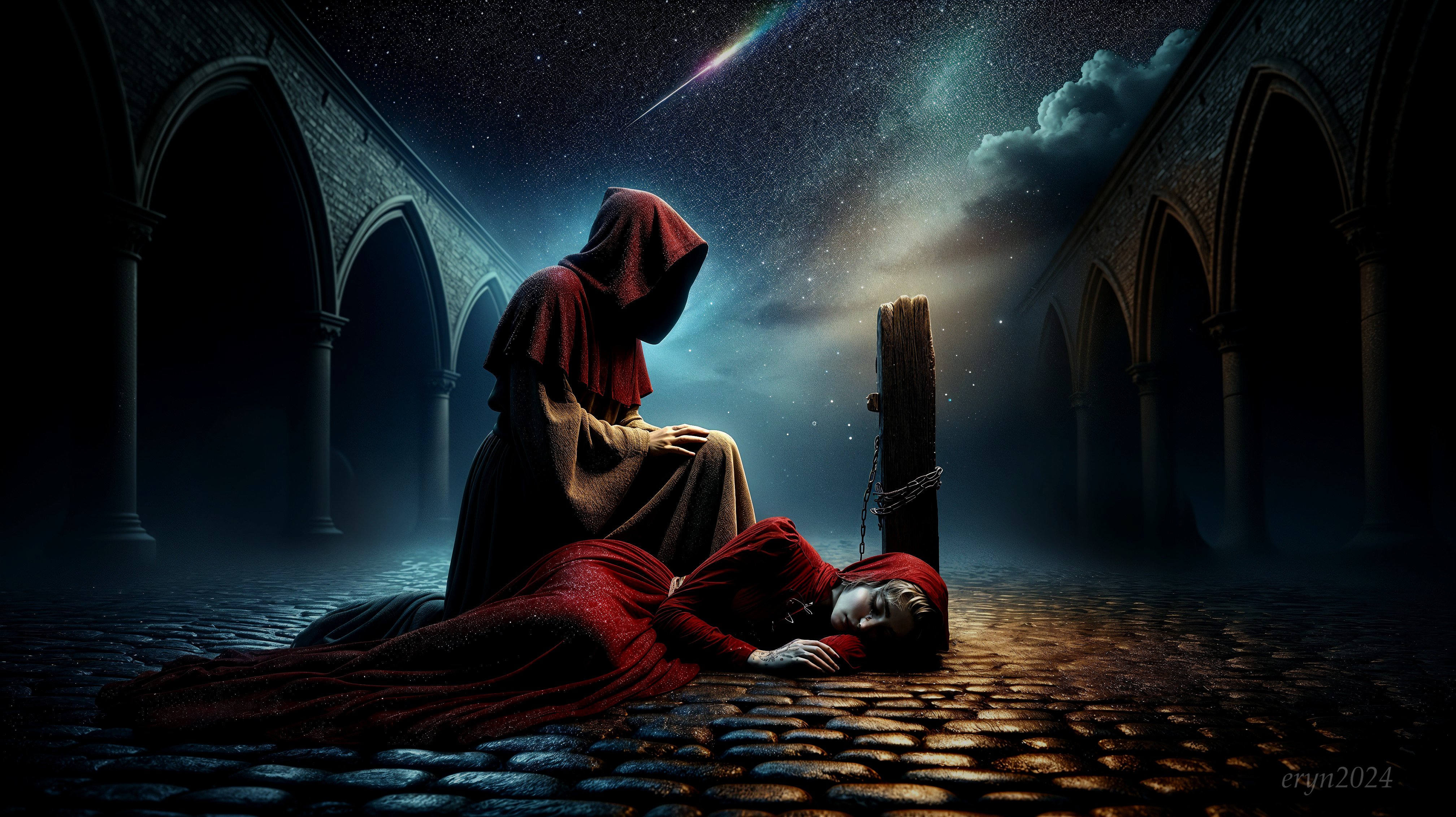 Cloaked Figure Beside Fallen Woman in Red Gown