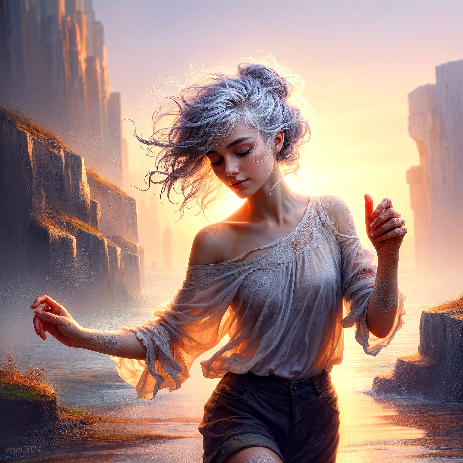 Ethereal Young Woman Dancing in Misty Sunset Landscape