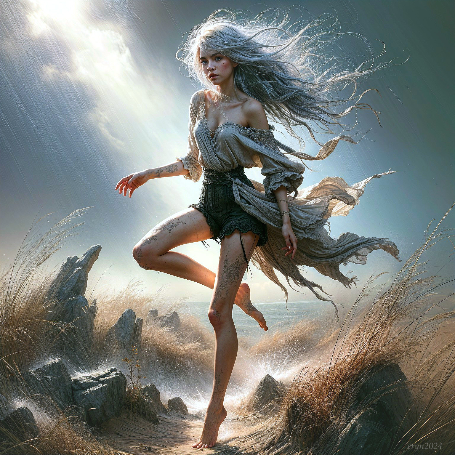 Mystical figure with silver hair in a stormy landscape