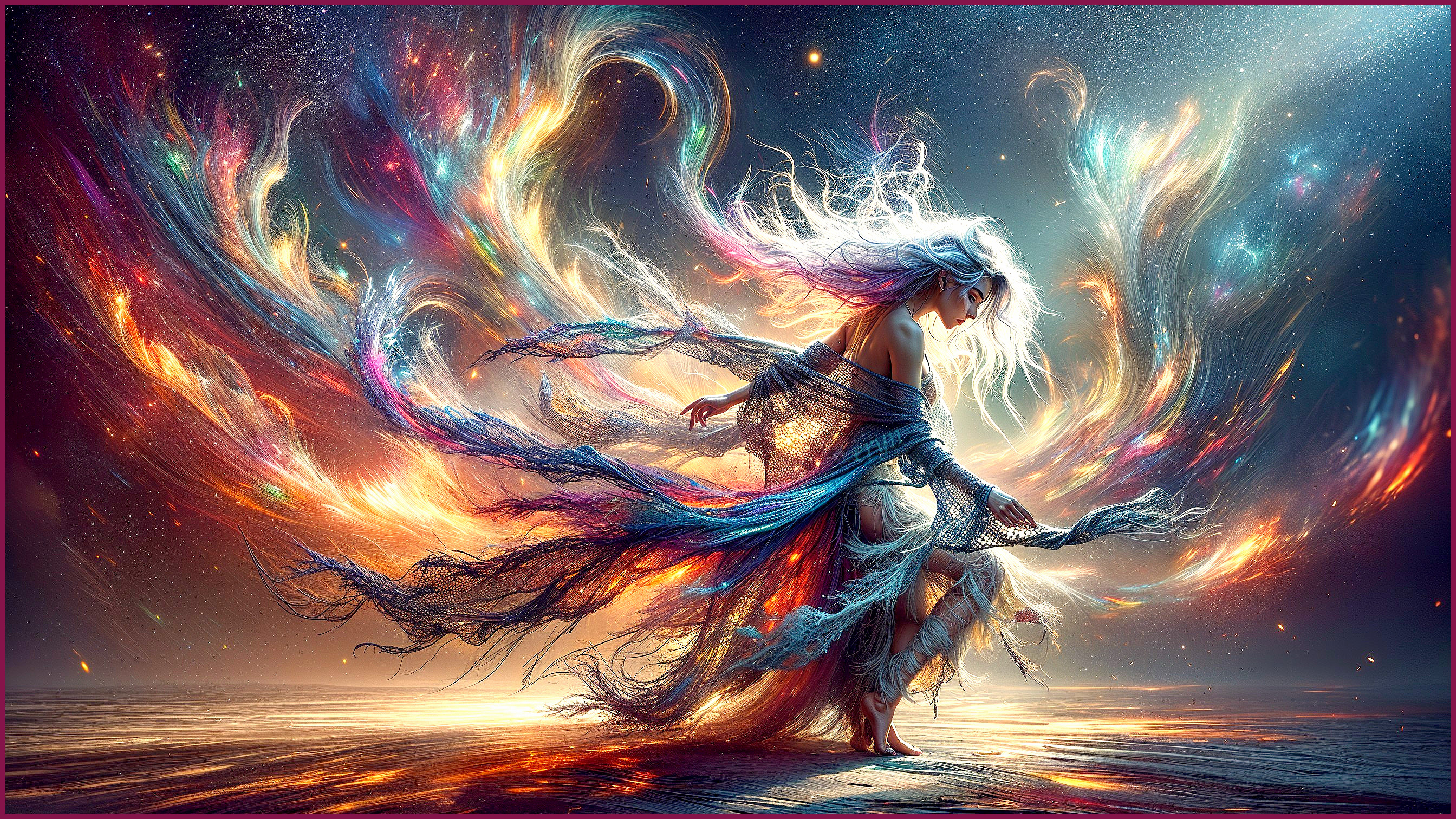 Ethereal Figure Dancing in a Colorful Cosmos