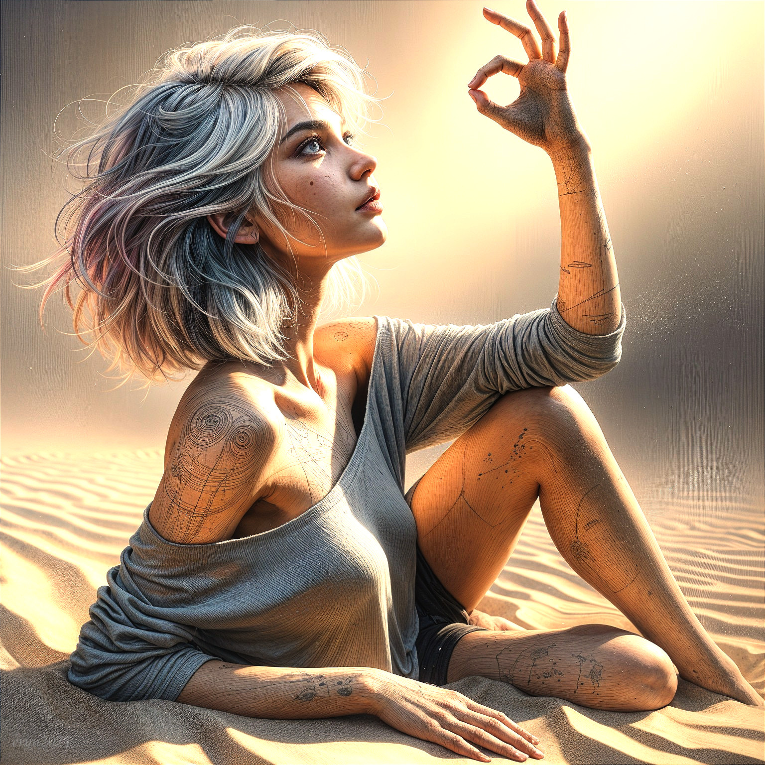 Futuristic Figure in Sandy Landscape with Robotic Features