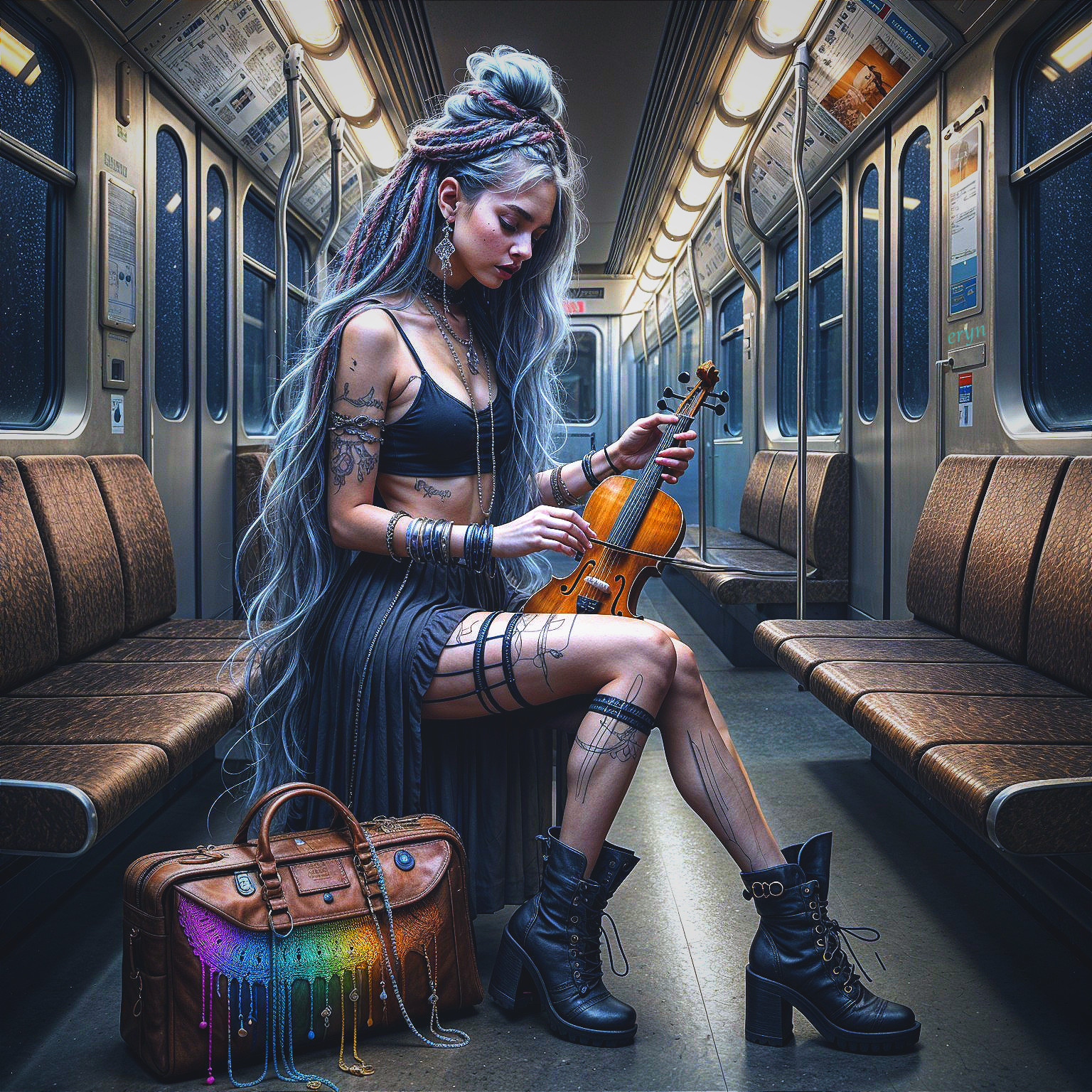 Young woman playing violin in dim subway car