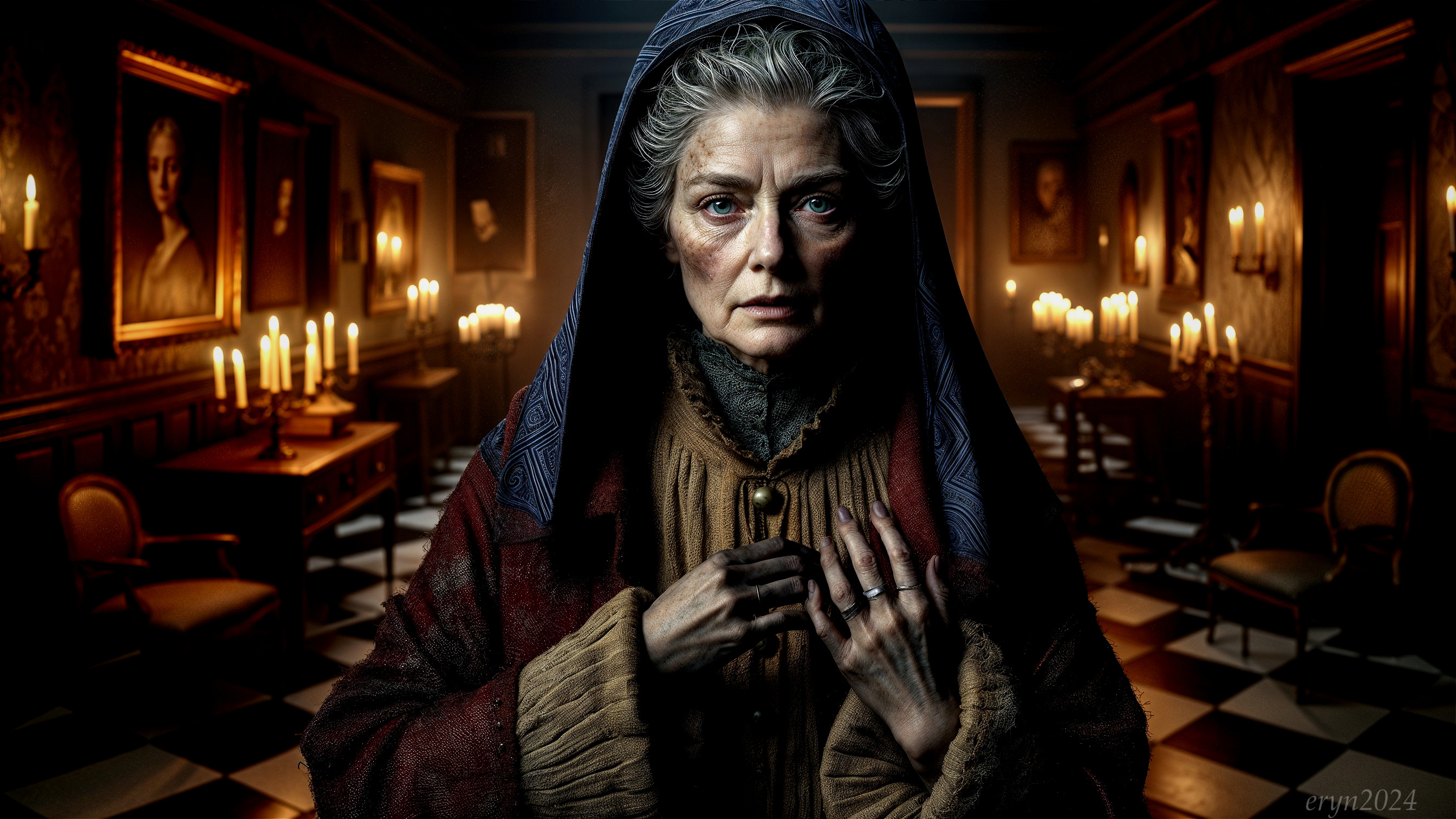 Elderly Woman in Dimly Lit Room with Candles