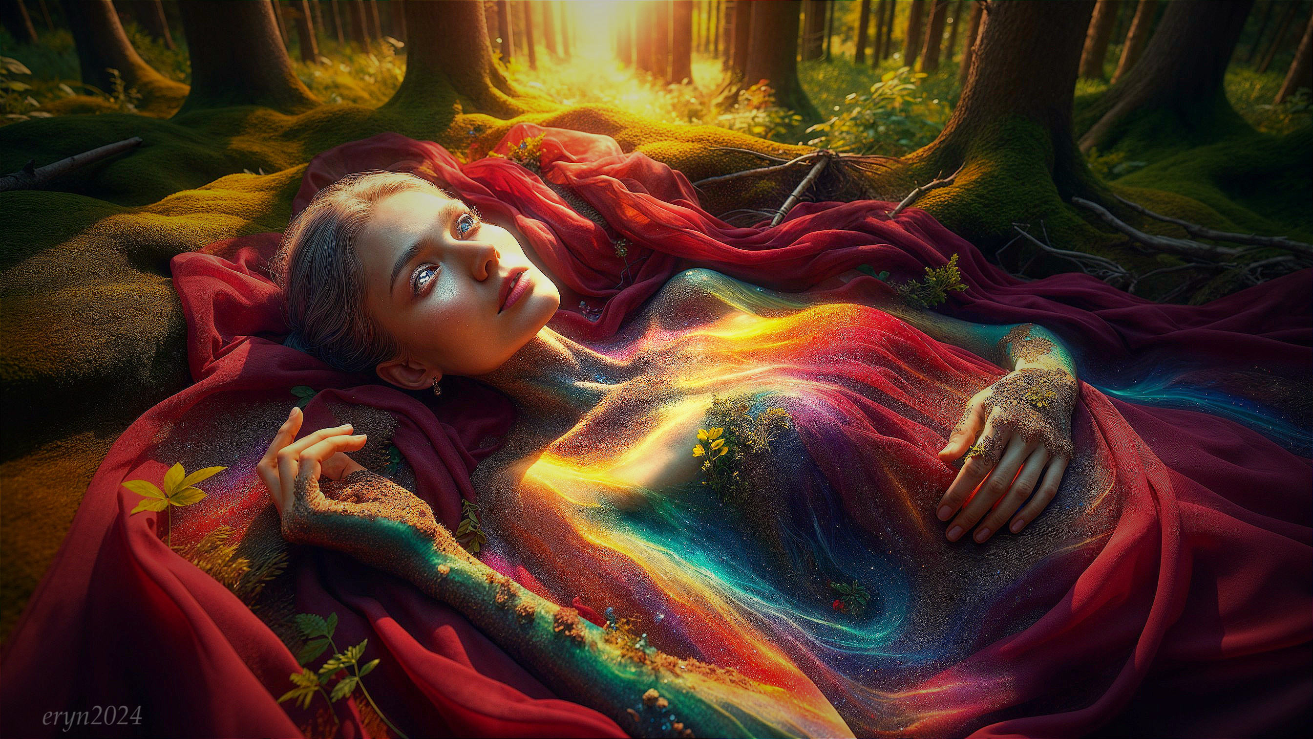 Serene Forest Scene with Vibrant Colors and Light