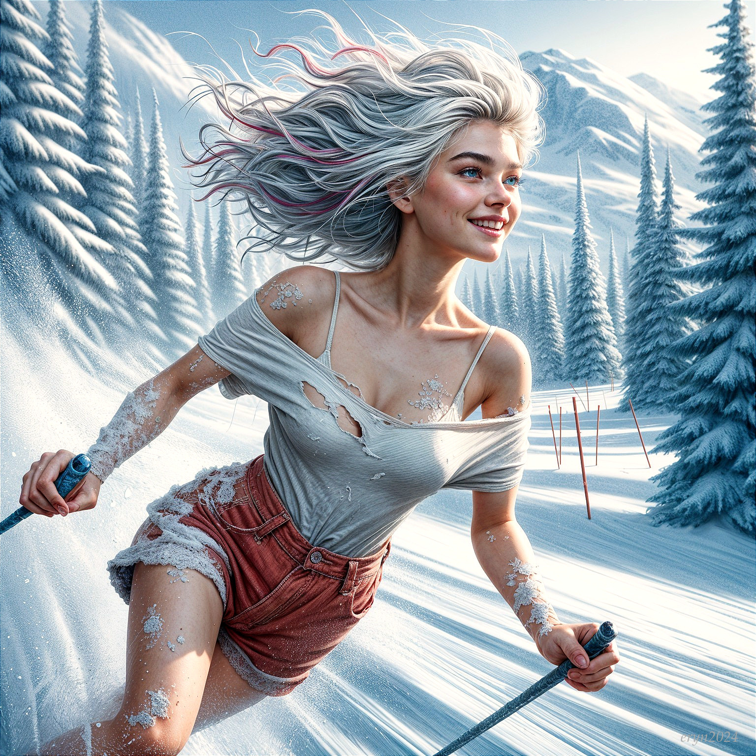 Young Woman Skiing in a Snowy Mountain Landscape