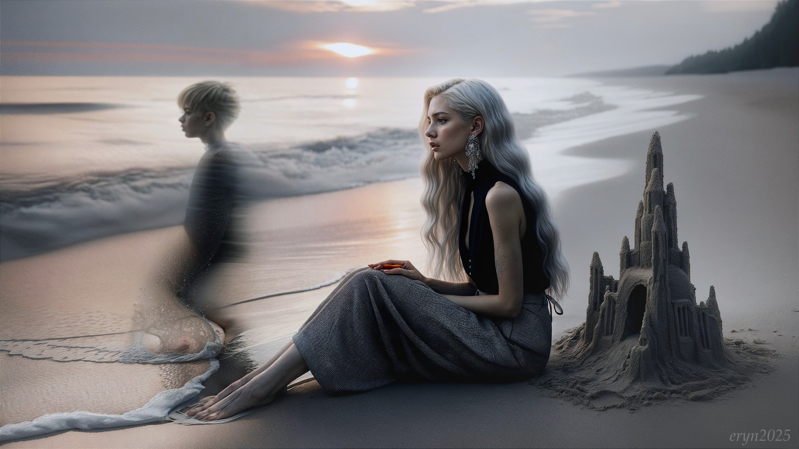 Coastal Sunset Scene with Woman and Ghostly Boy