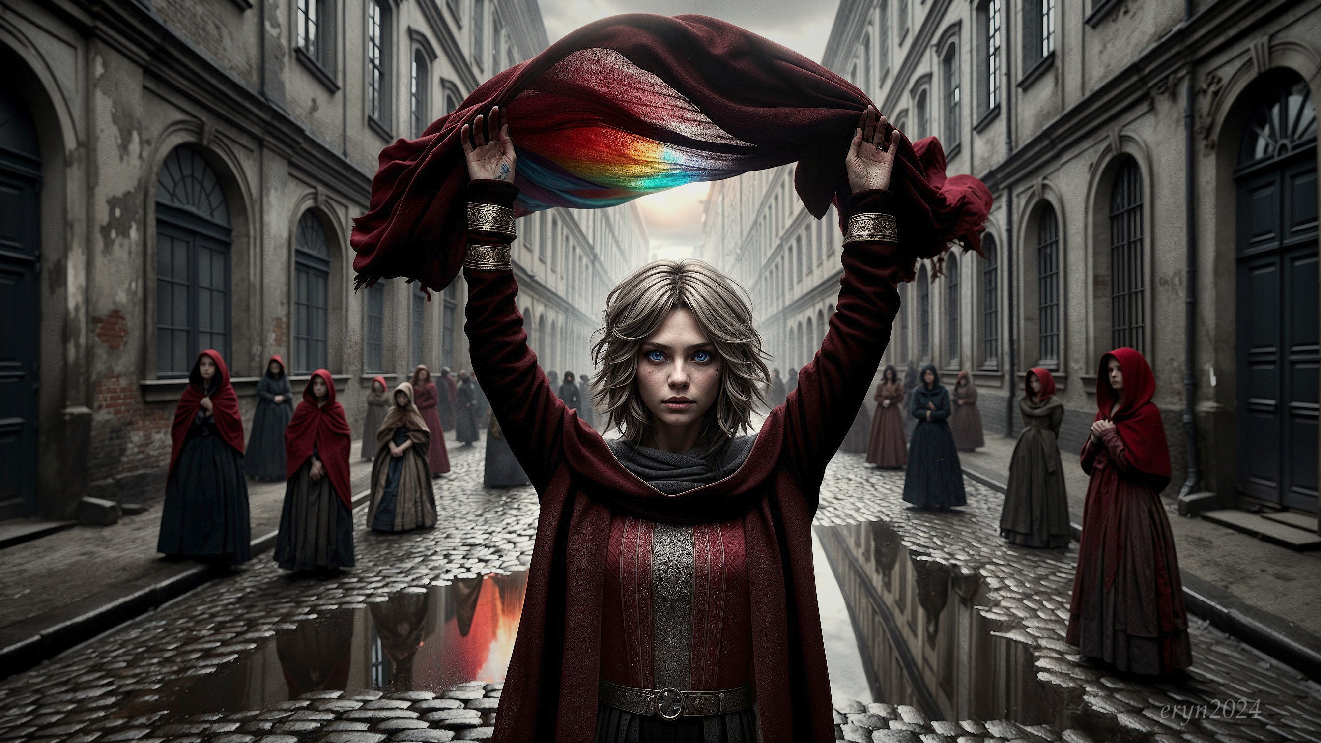 Young Woman with Vibrant Scarf on Historic Street