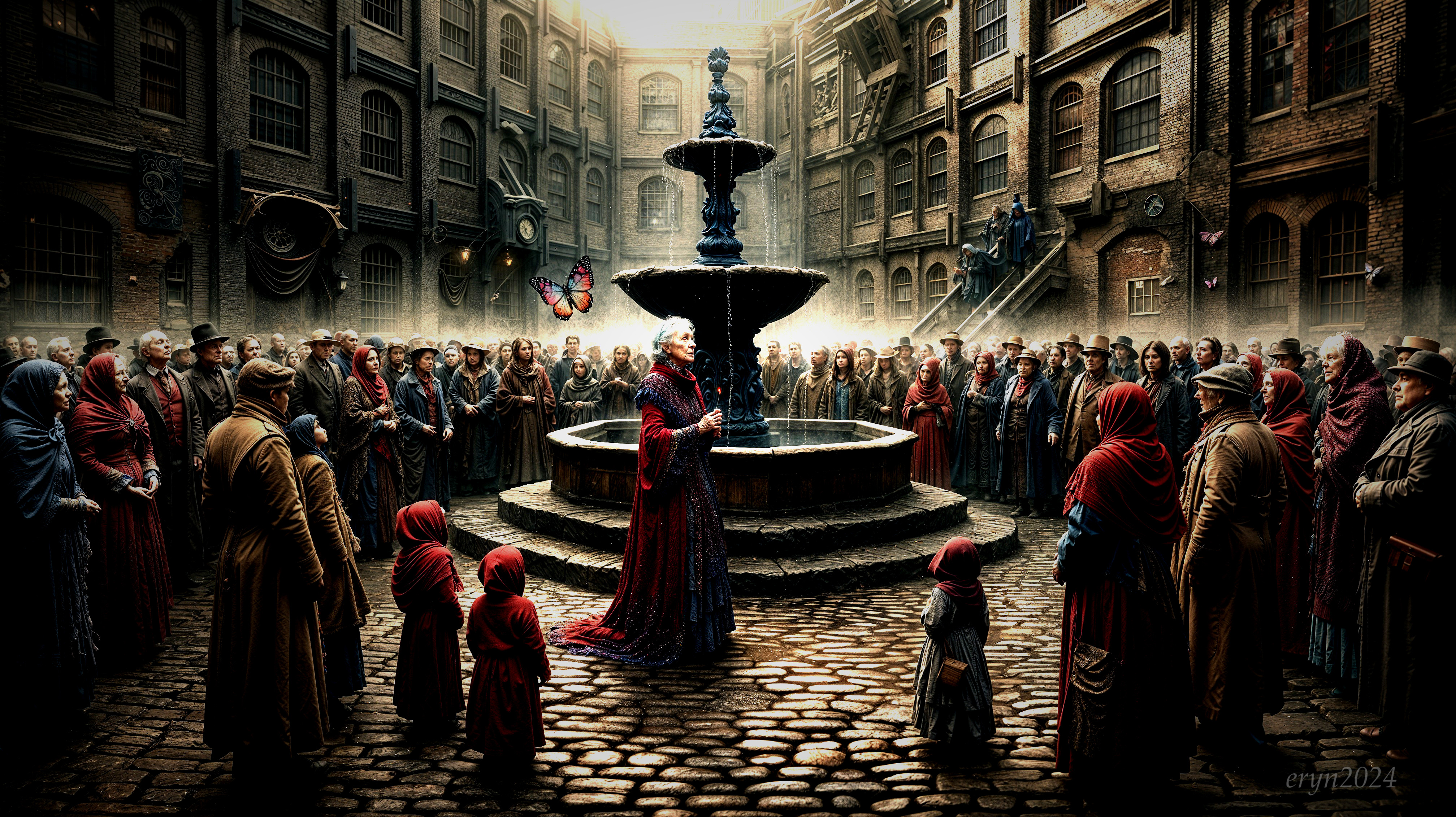 Crowd in Cobblestone Courtyard Around Fountain