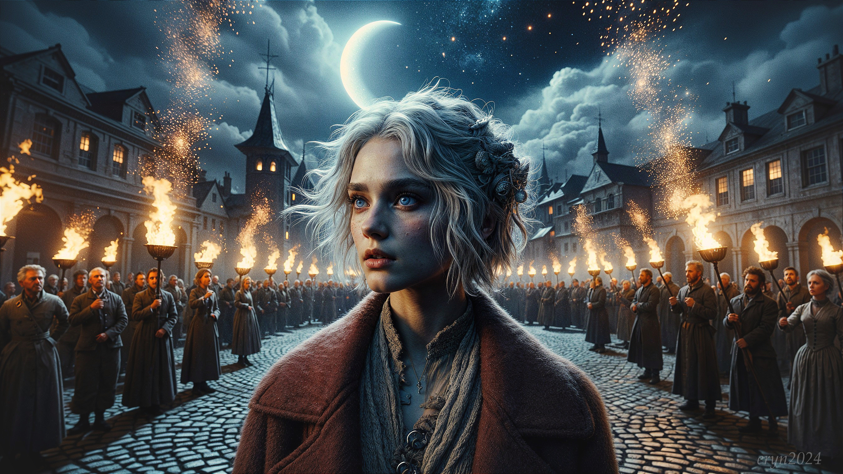 Medieval Town Square with Young Woman and Crowded Scene