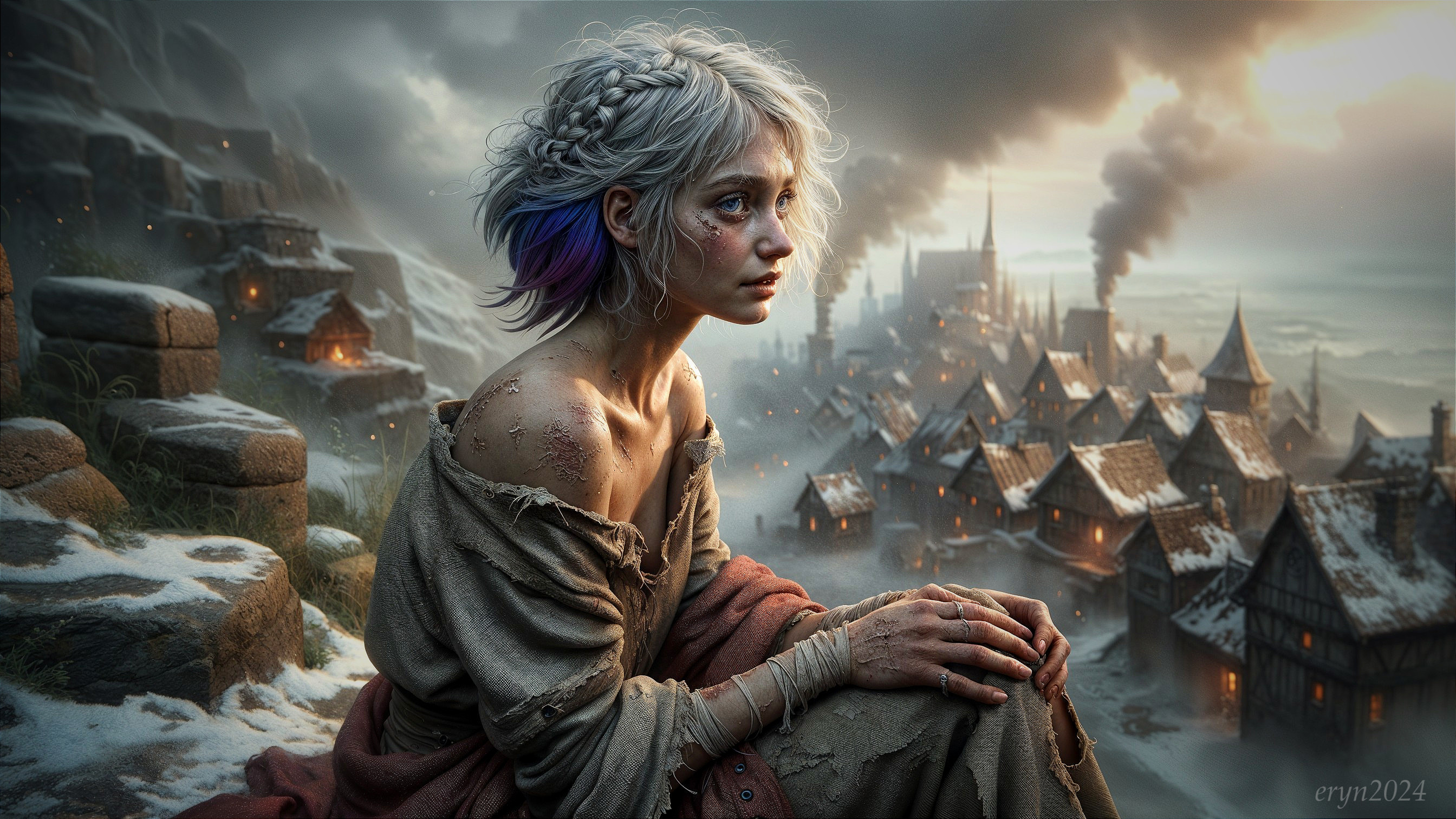 Ethereal Young Woman in Misty Landscape with Village