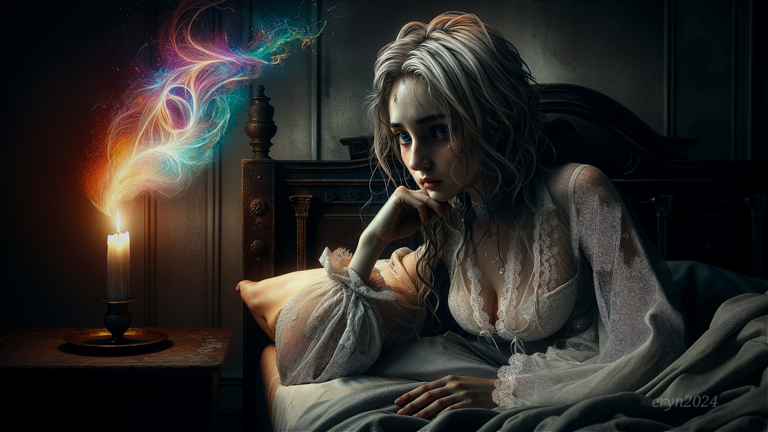 Young woman in dim room with candle and colorful energy