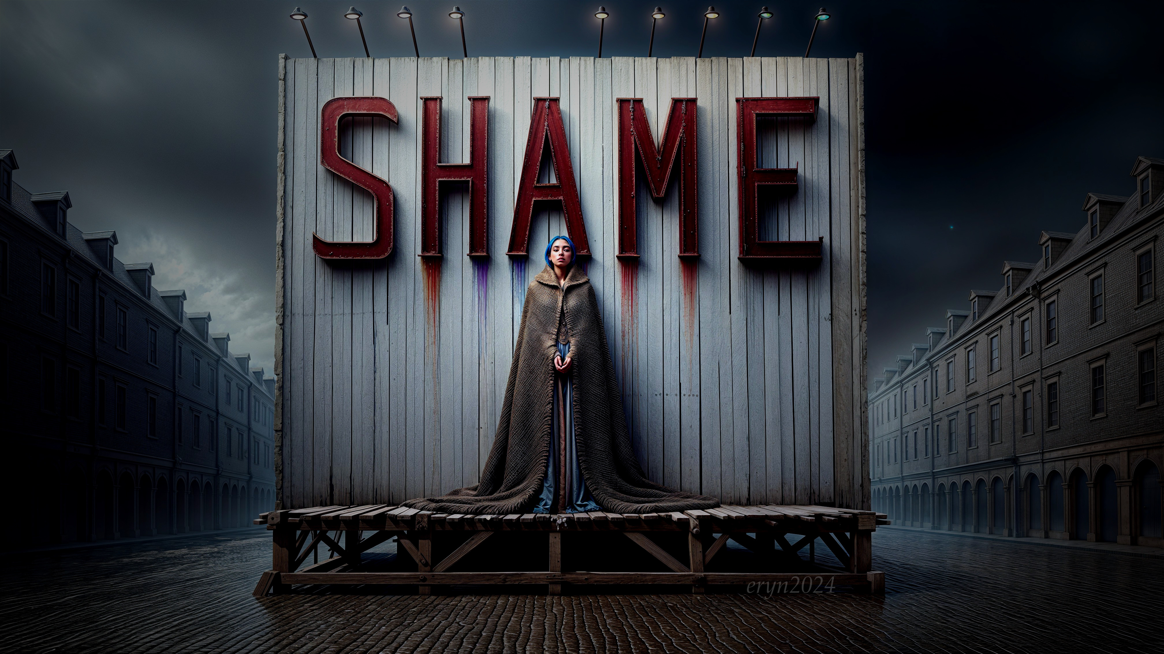 Solitary Figure in Cloak Before Ominous "SHAME" Sign