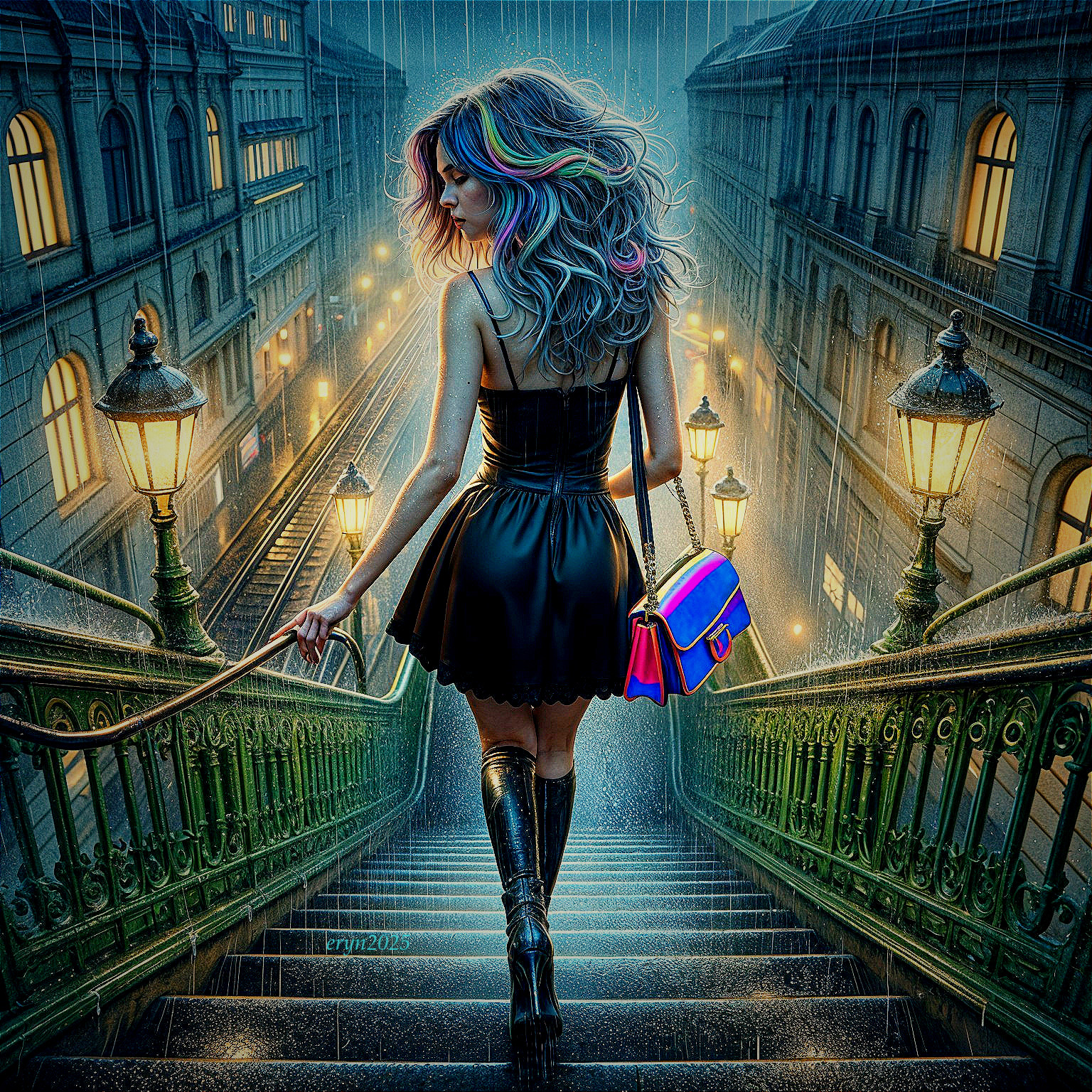 Stylish Woman on Rainy Night in Cityscape