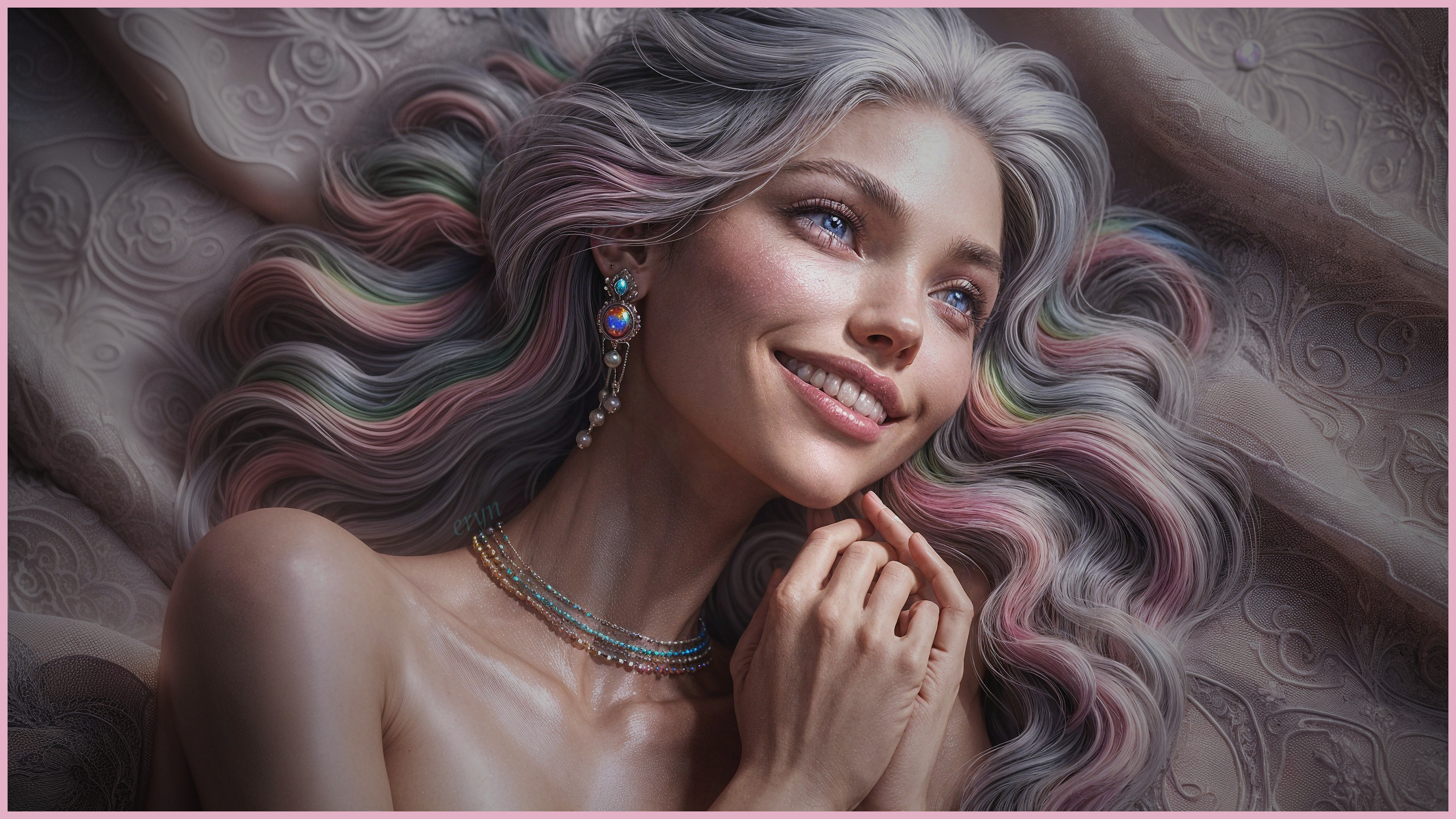 Close-Up Portrait of a Smiling Woman with Pastel Hair