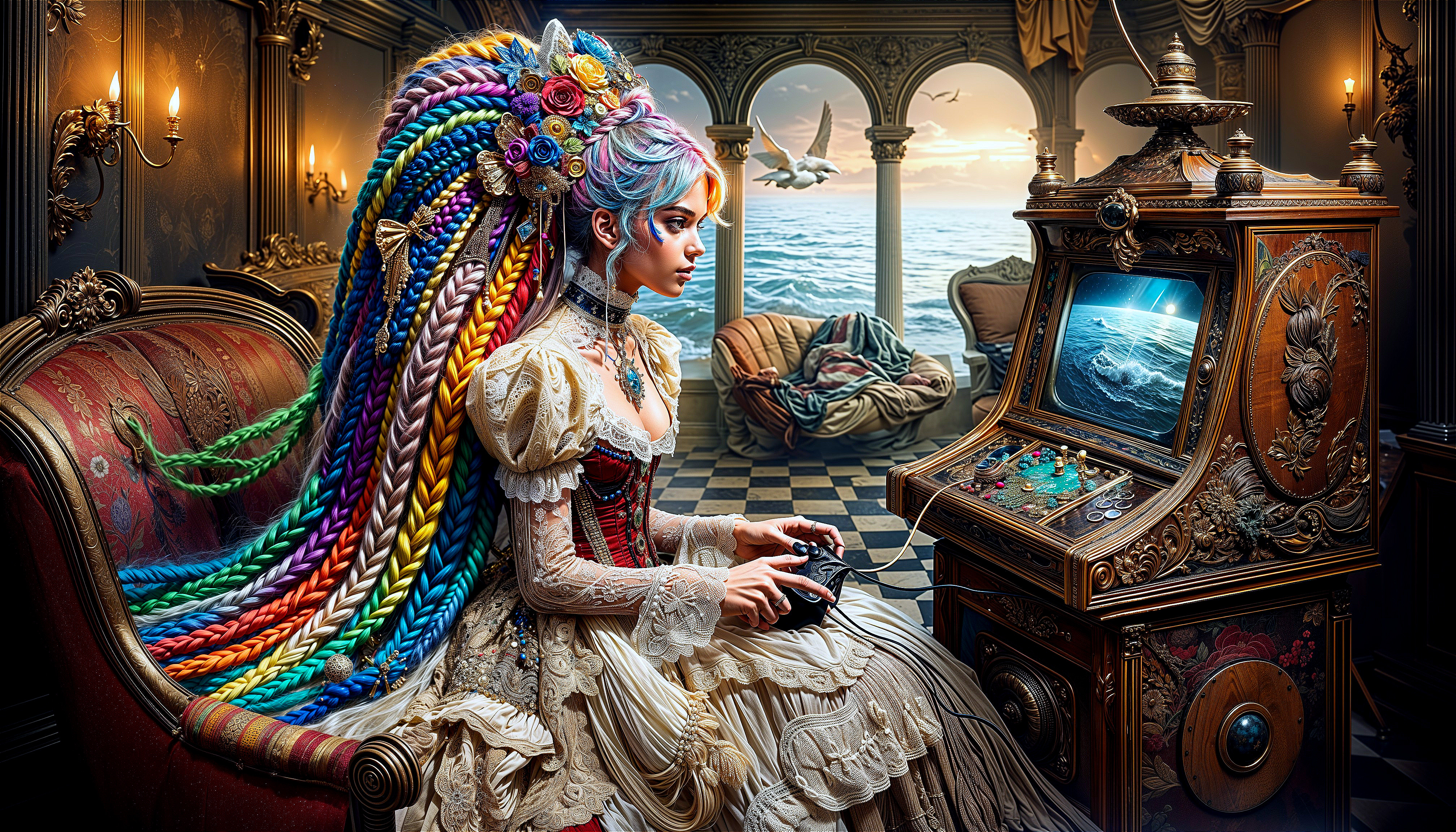 Young woman in historical gown with vibrant hairstyle