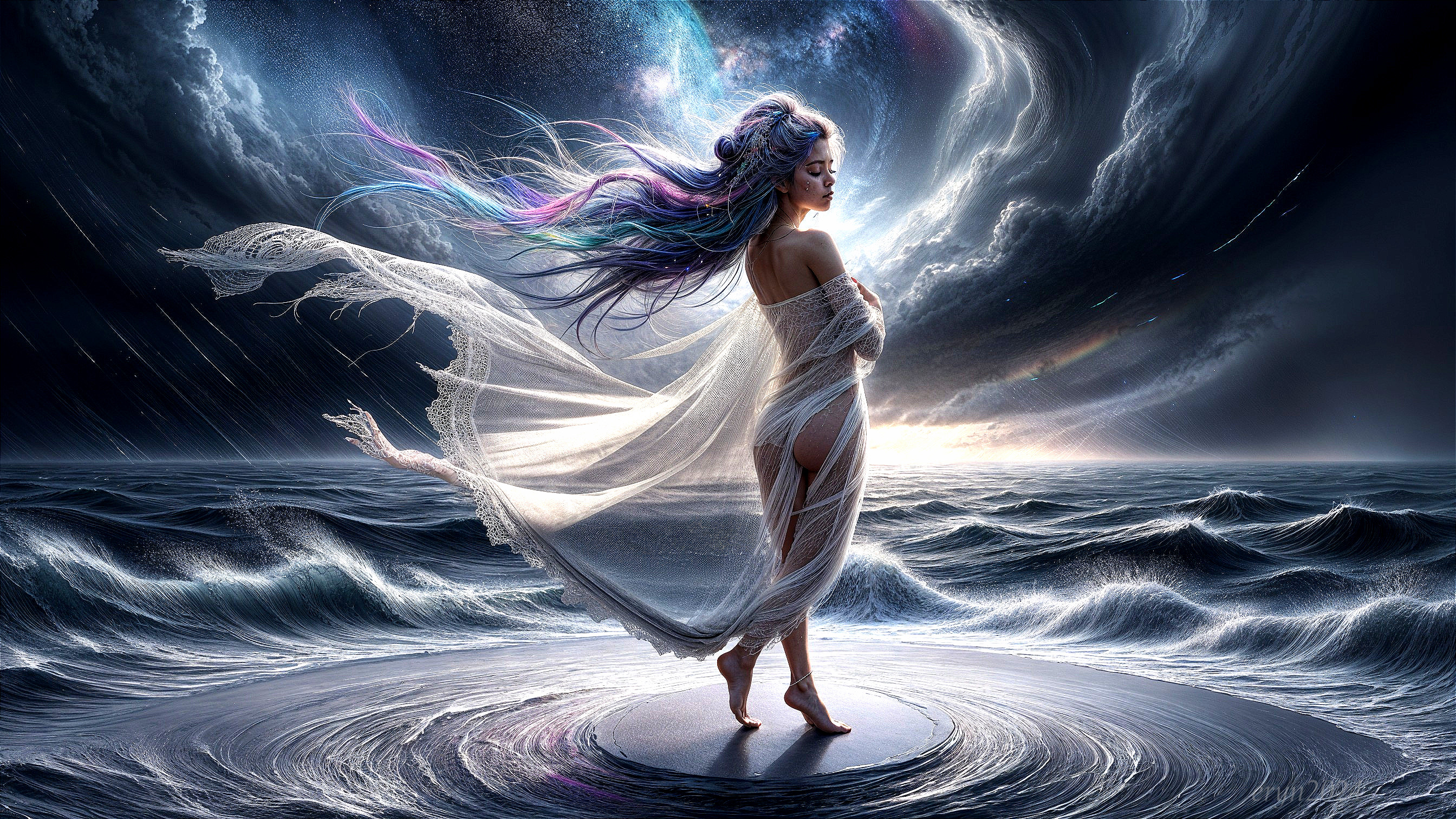 Mystical Woman on Platform Amidst Ocean Waves