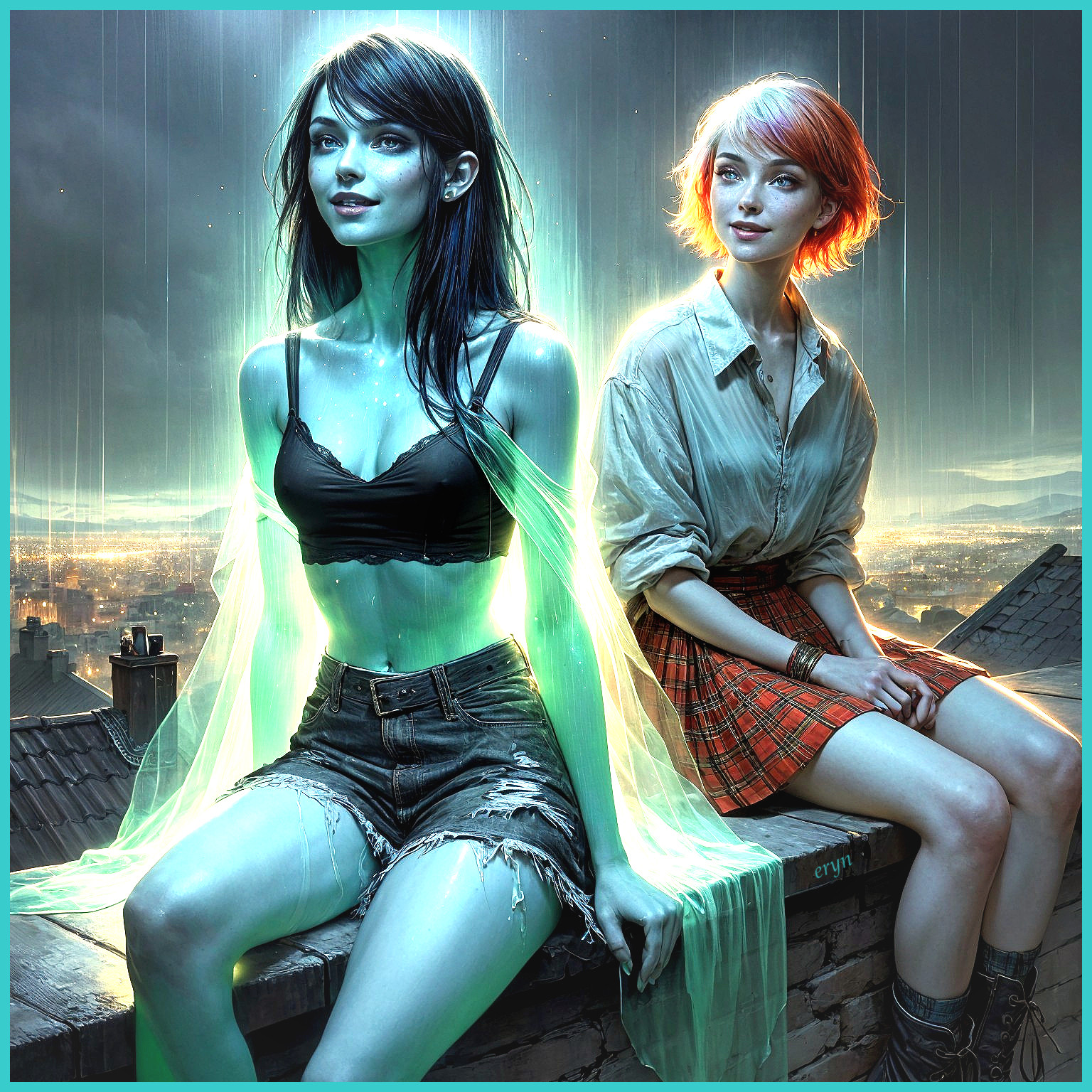 Young women on a rooftop under a starry sky