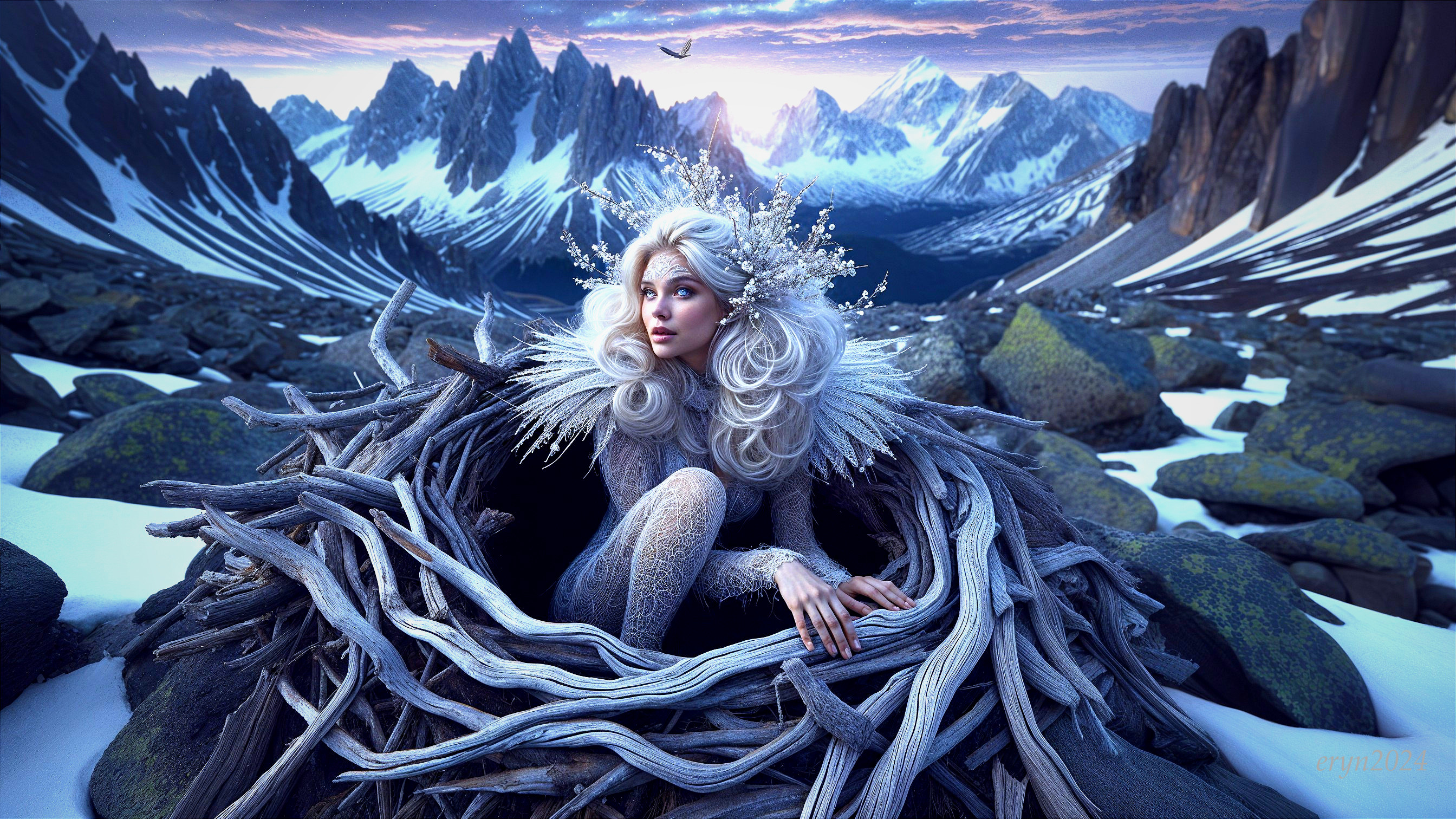 Mystical Figure in Nest Among Majestic Mountains