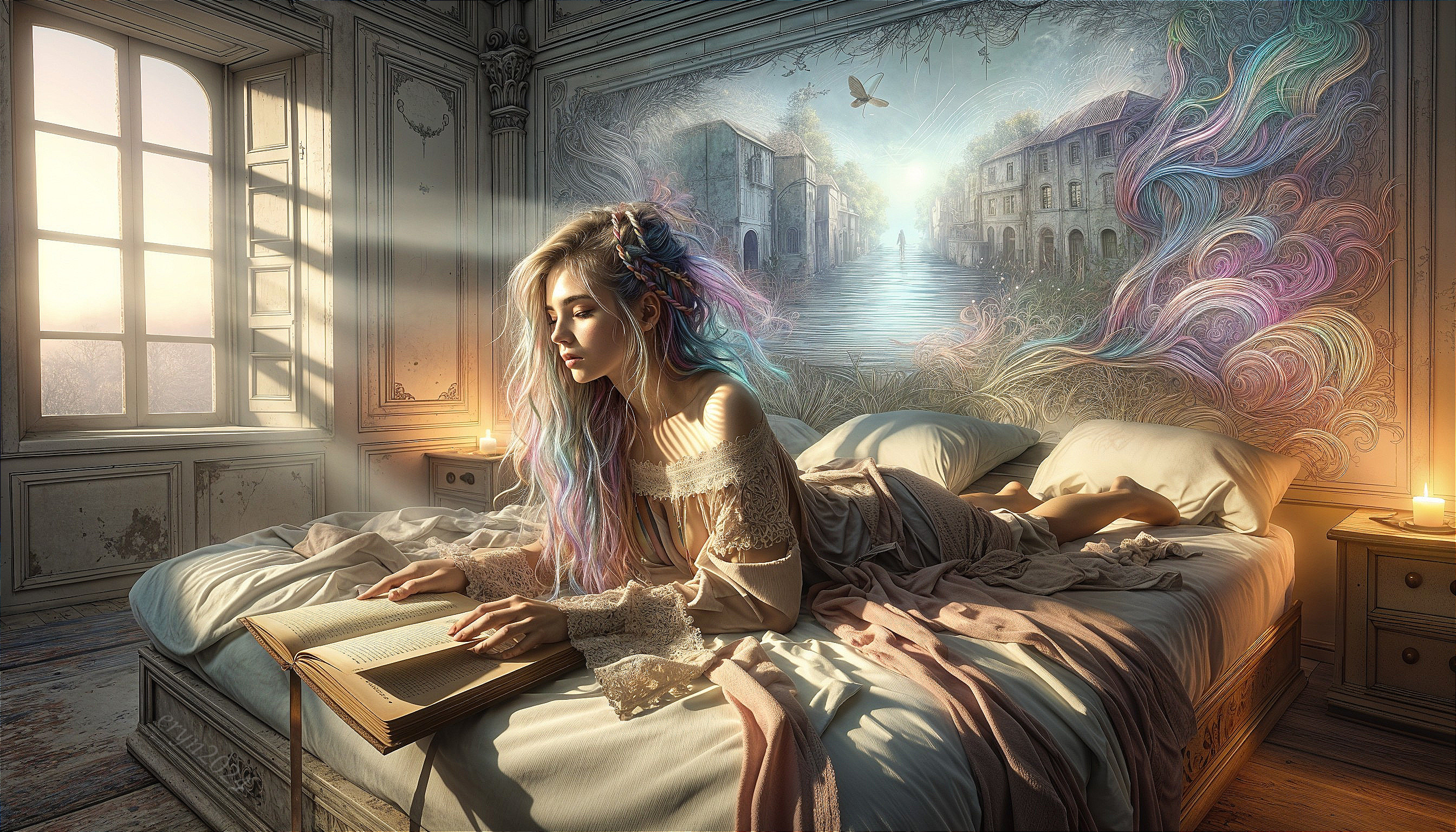 Dreamy Bedroom Scene with Multicolored Hair and Mural