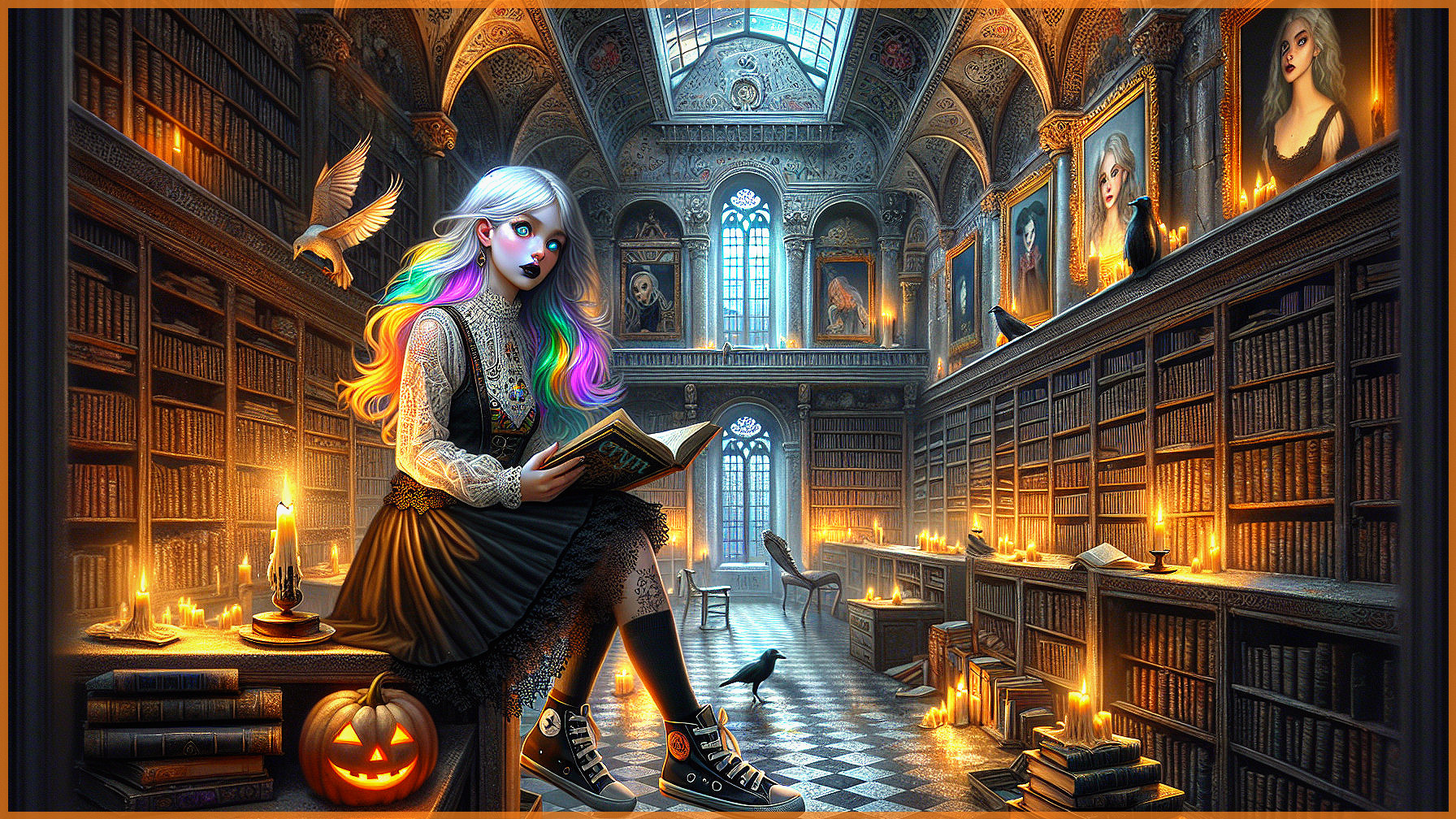 Young Woman Reading in Enchanted Library Setting