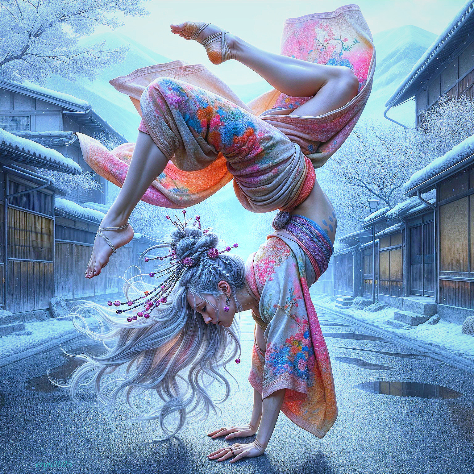 Colorful Kimono Handstand on Snowy Street Scene