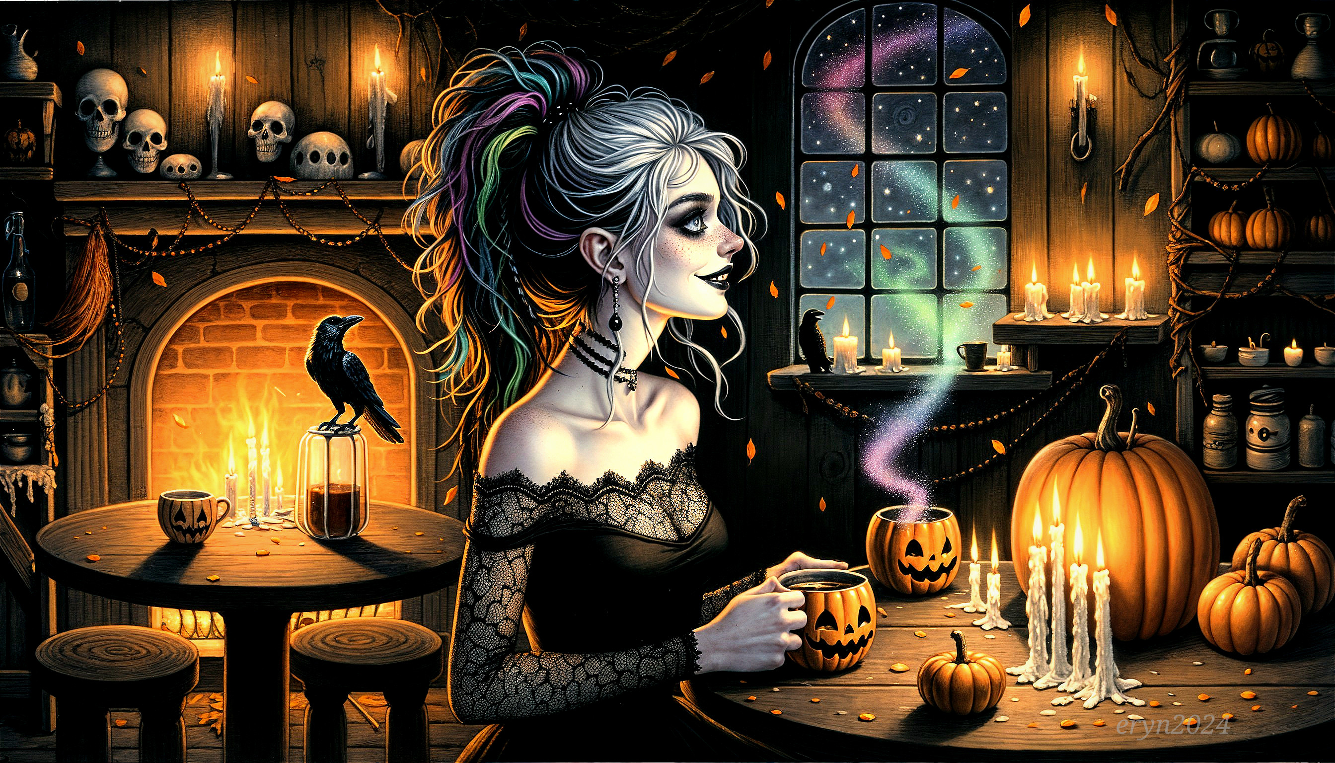 Gothic Room Decor with Woman, Pumpkins, and Candles