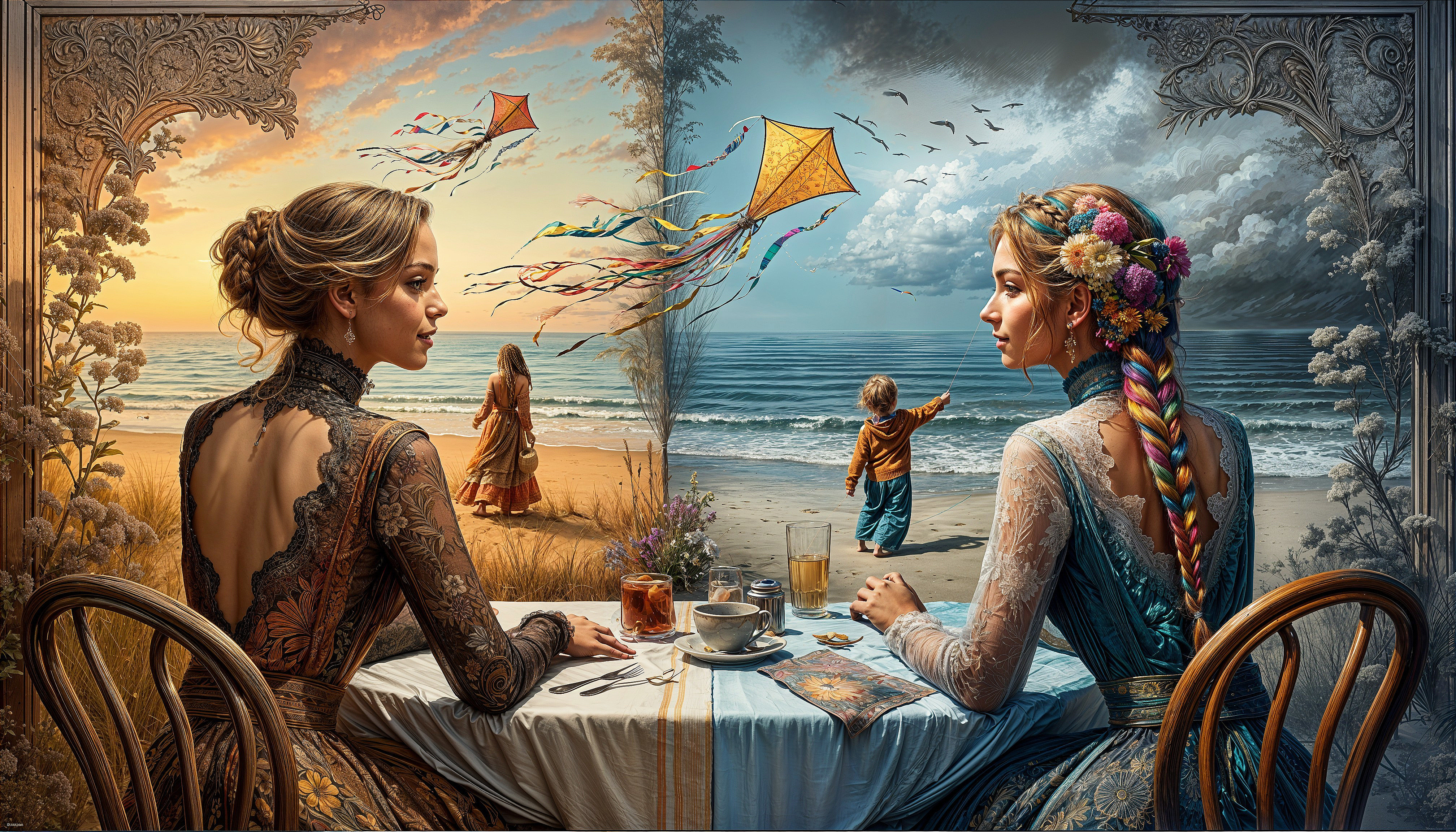 Serene Sunset and Beach Scene with Vintage Elements