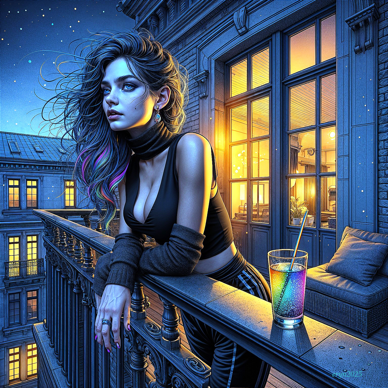 Young Woman on Balcony at Night with Colorful Drink