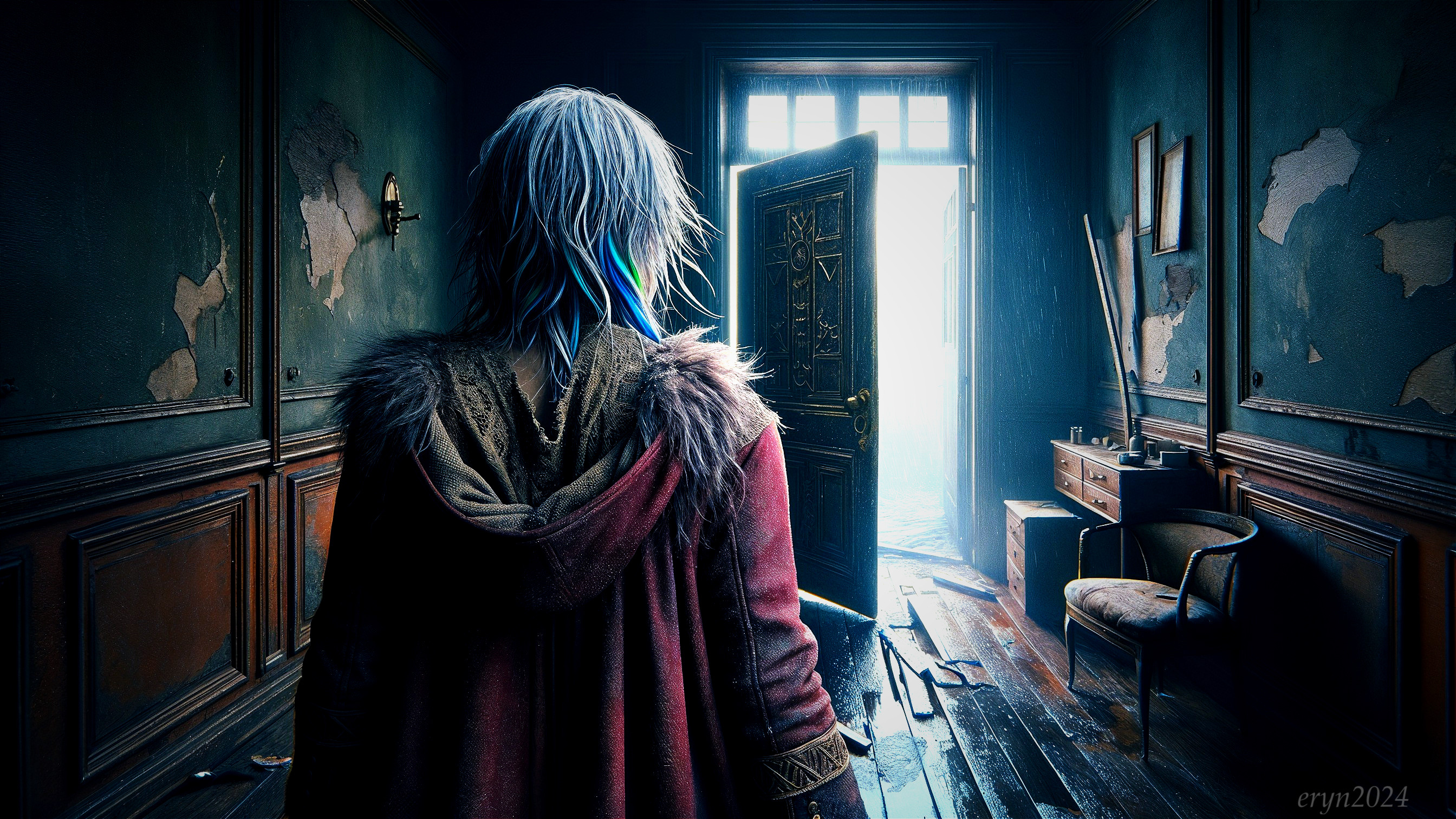 Mysterious Figure in Dimly Lit Dilapidated Room